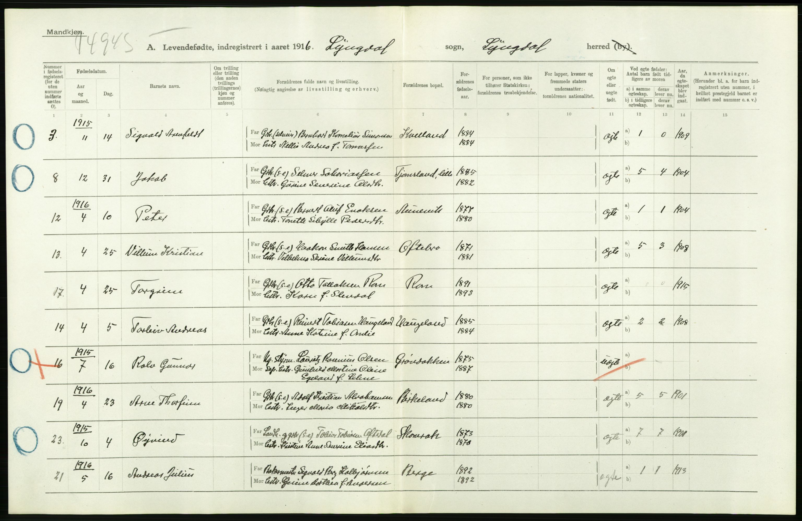 Statistisk sentralbyrå, Sosiodemografiske emner, Befolkning, AV/RA-S-2228/D/Df/Dfb/Dfbf/L0027: Lister og Mandals amt: Levendefødte menn og kvinner. Bygder og byer., 1916, p. 96