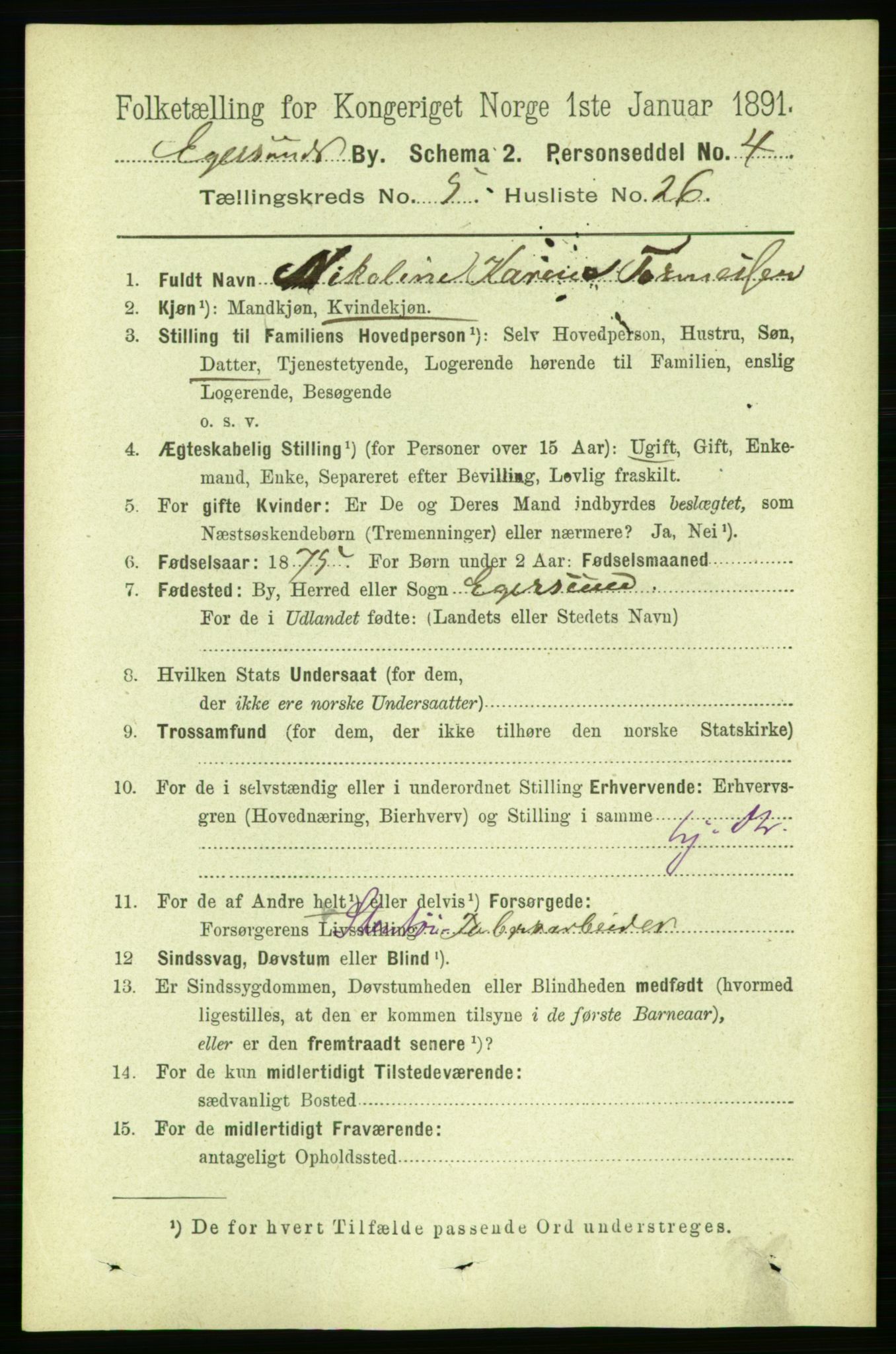 RA, 1891 census for 1101 Egersund, 1891, p. 975