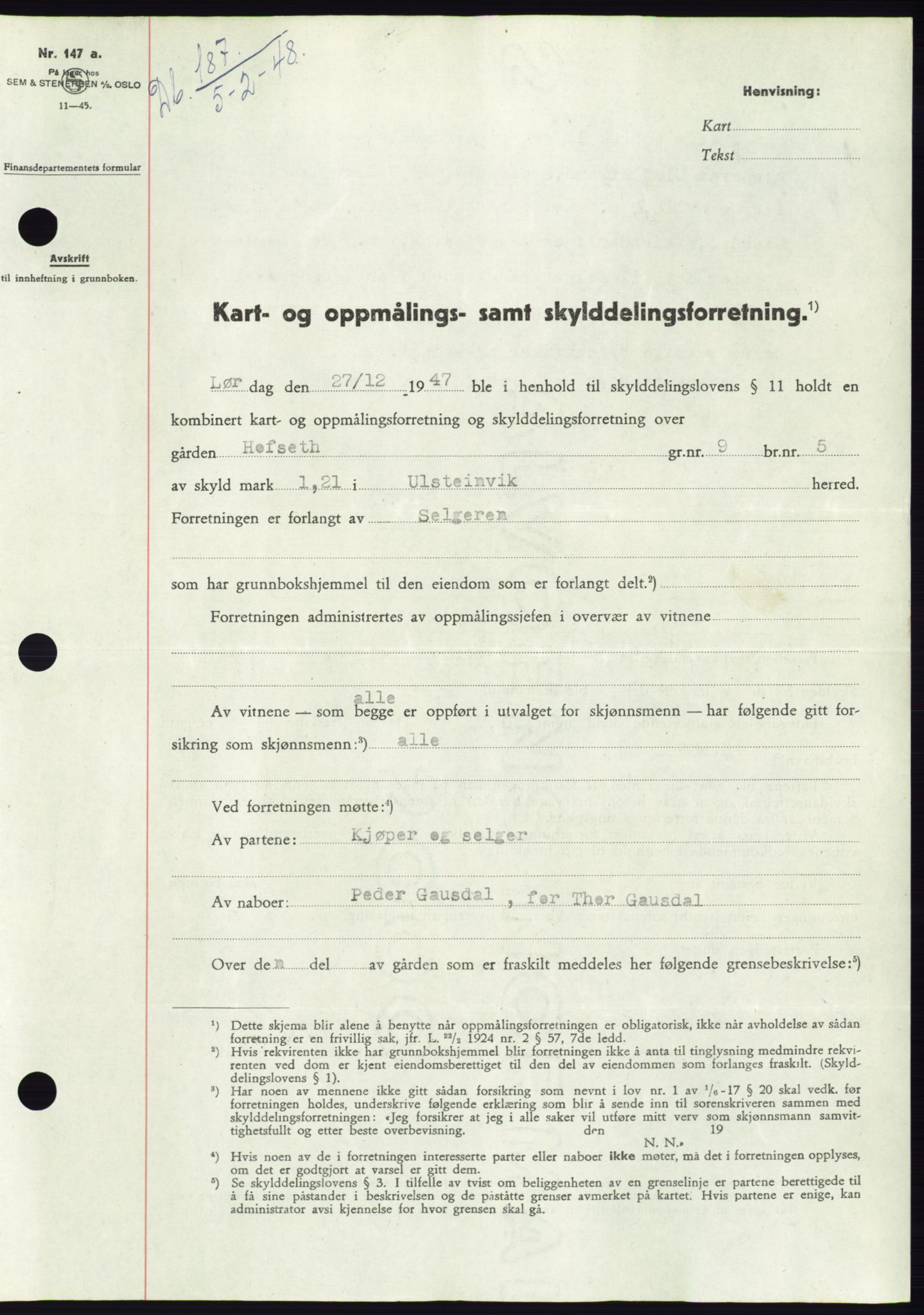 Søre Sunnmøre sorenskriveri, AV/SAT-A-4122/1/2/2C/L0082: Mortgage book no. 8A, 1948-1948, Diary no: : 187/1948