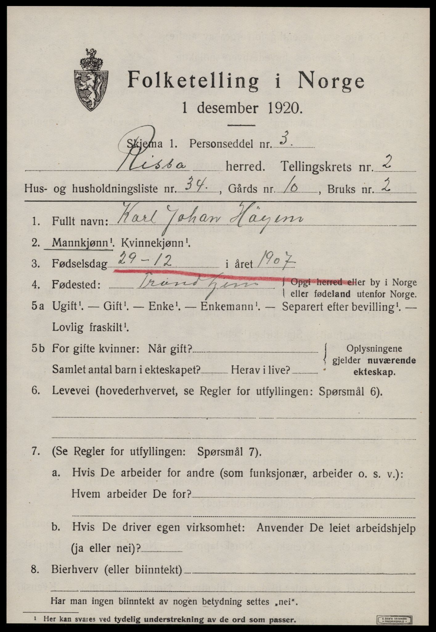 SAT, 1920 census for Rissa, 1920, p. 2043