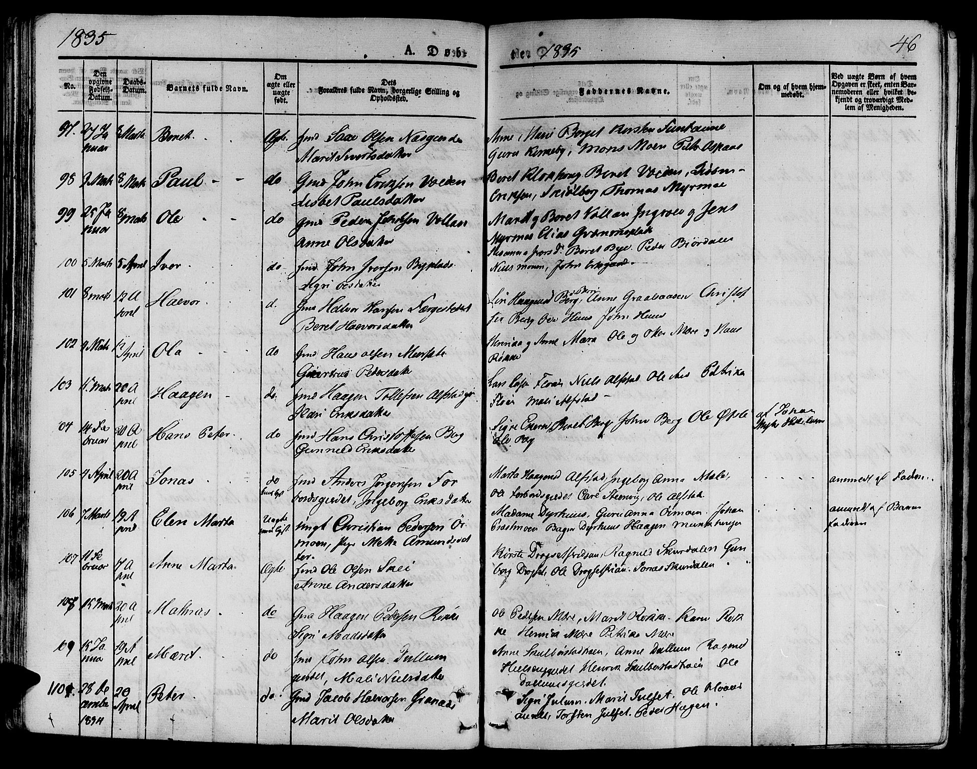 Ministerialprotokoller, klokkerbøker og fødselsregistre - Nord-Trøndelag, SAT/A-1458/709/L0071: Parish register (official) no. 709A11, 1833-1844, p. 46