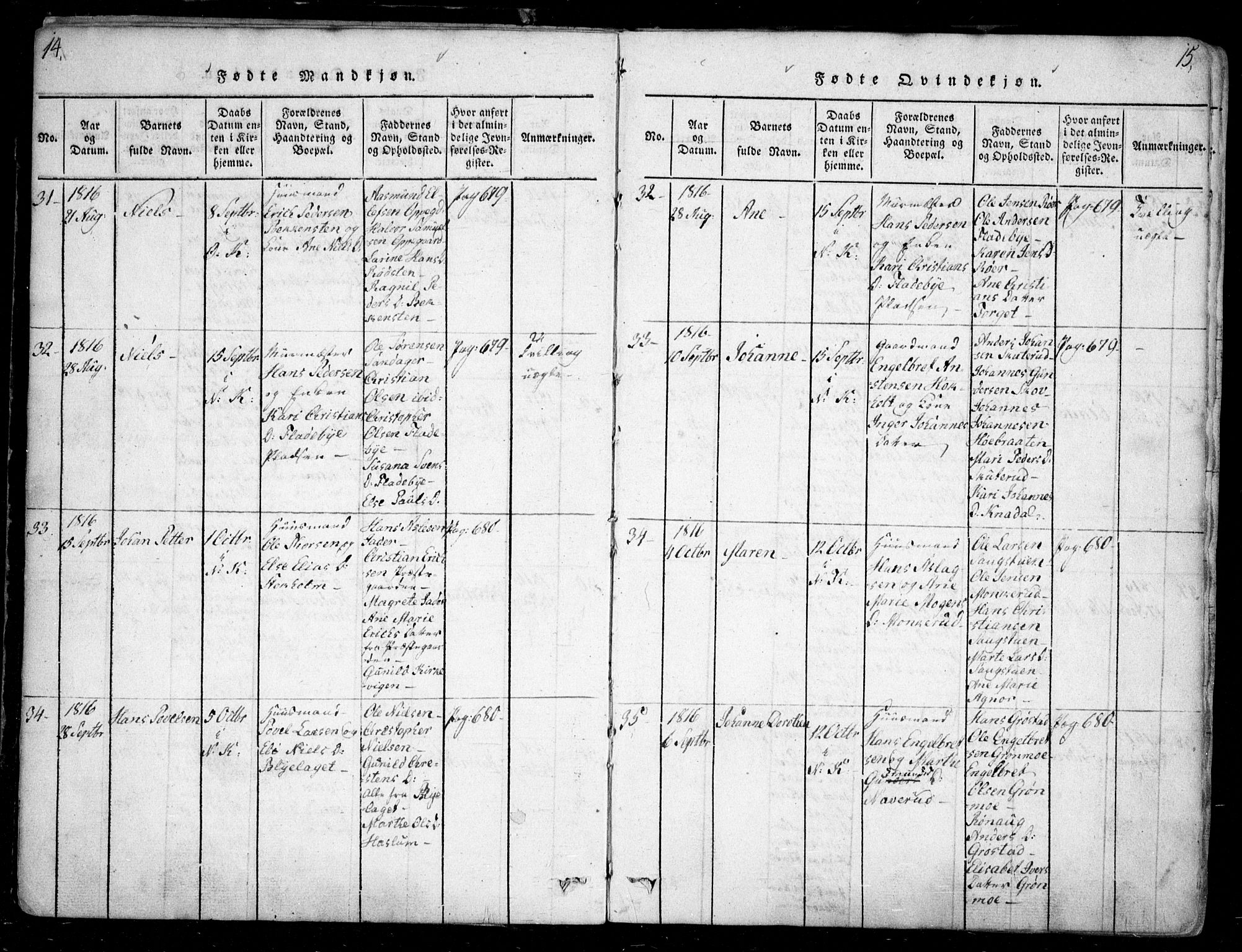 Nesodden prestekontor Kirkebøker, SAO/A-10013/F/Fa/L0006: Parish register (official) no. I 6, 1814-1847, p. 14-15