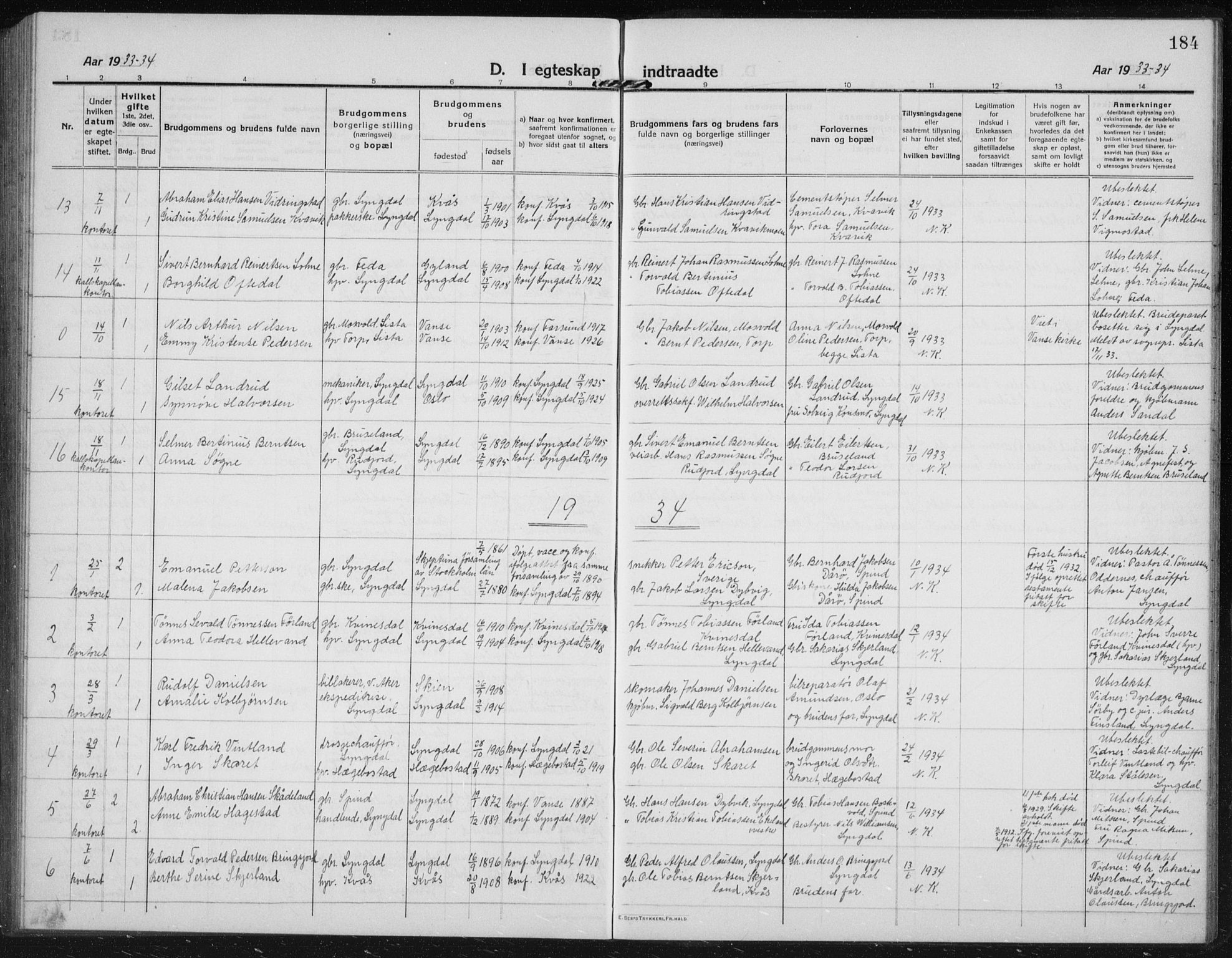 Lyngdal sokneprestkontor, AV/SAK-1111-0029/F/Fb/Fbc/L0006: Parish register (copy) no. B 6, 1914-1934, p. 184