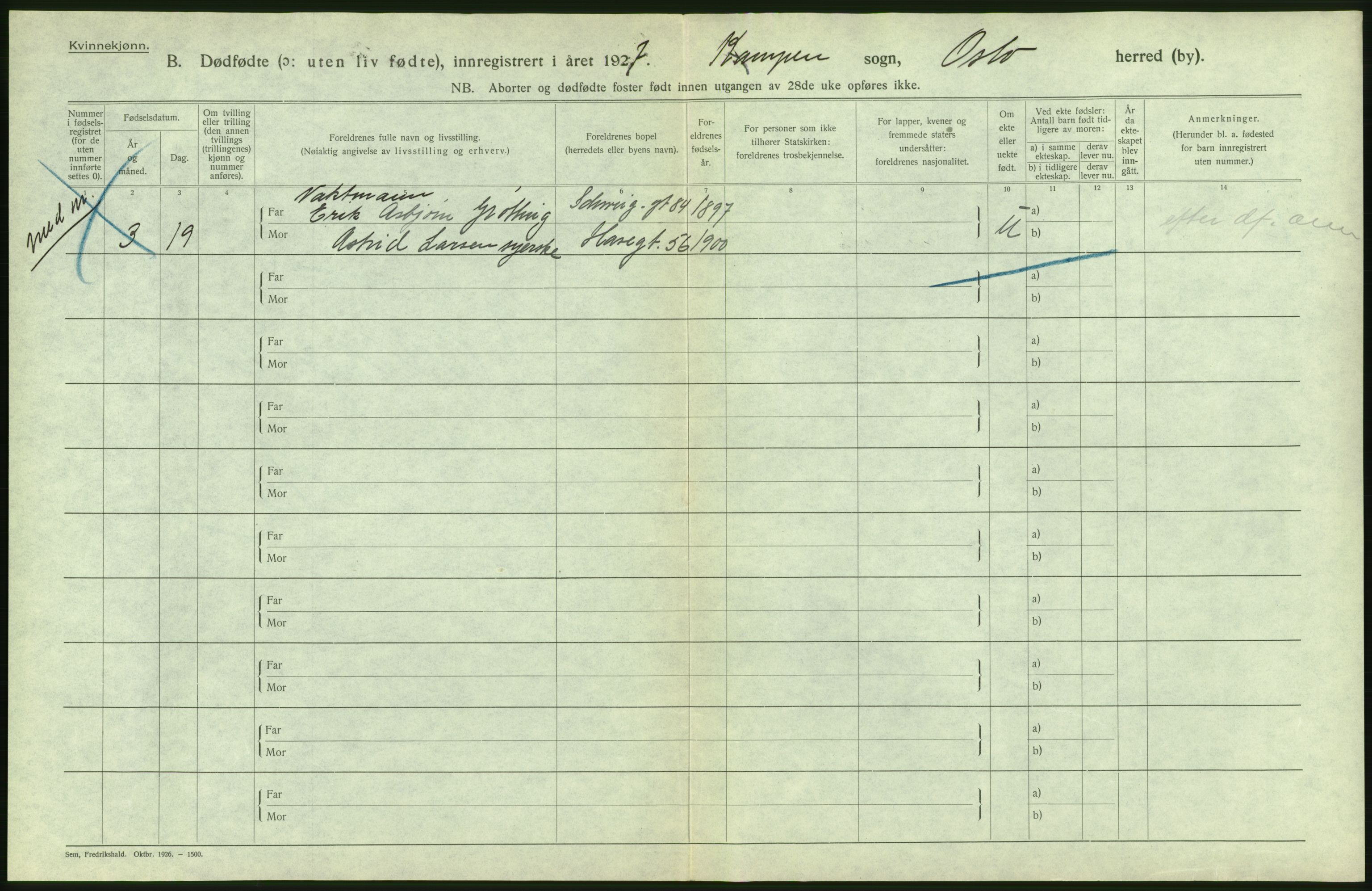 Statistisk sentralbyrå, Sosiodemografiske emner, Befolkning, AV/RA-S-2228/D/Df/Dfc/Dfcg/L0010: Oslo: Døde kvinner, dødfødte, 1927, p. 20