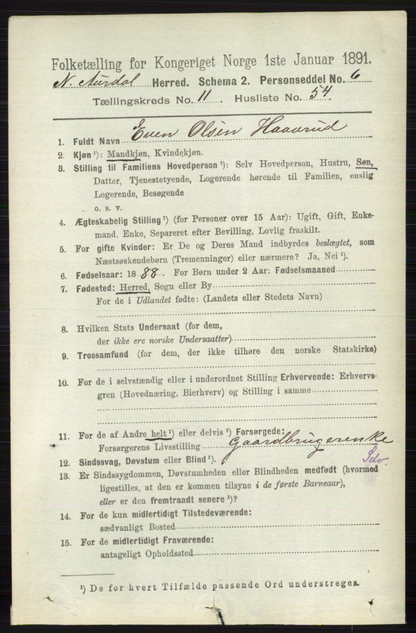 RA, 1891 census for 0542 Nord-Aurdal, 1891, p. 4461