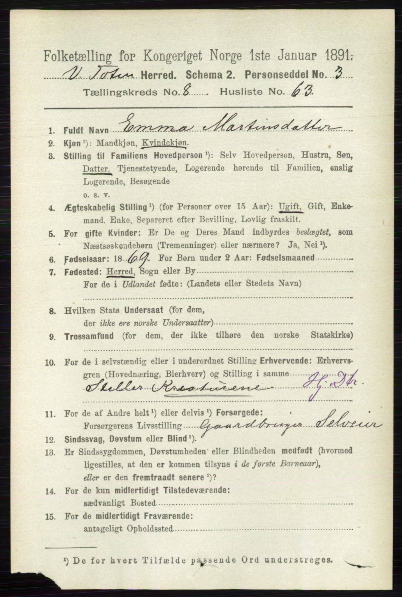 RA, 1891 census for 0529 Vestre Toten, 1891, p. 5366