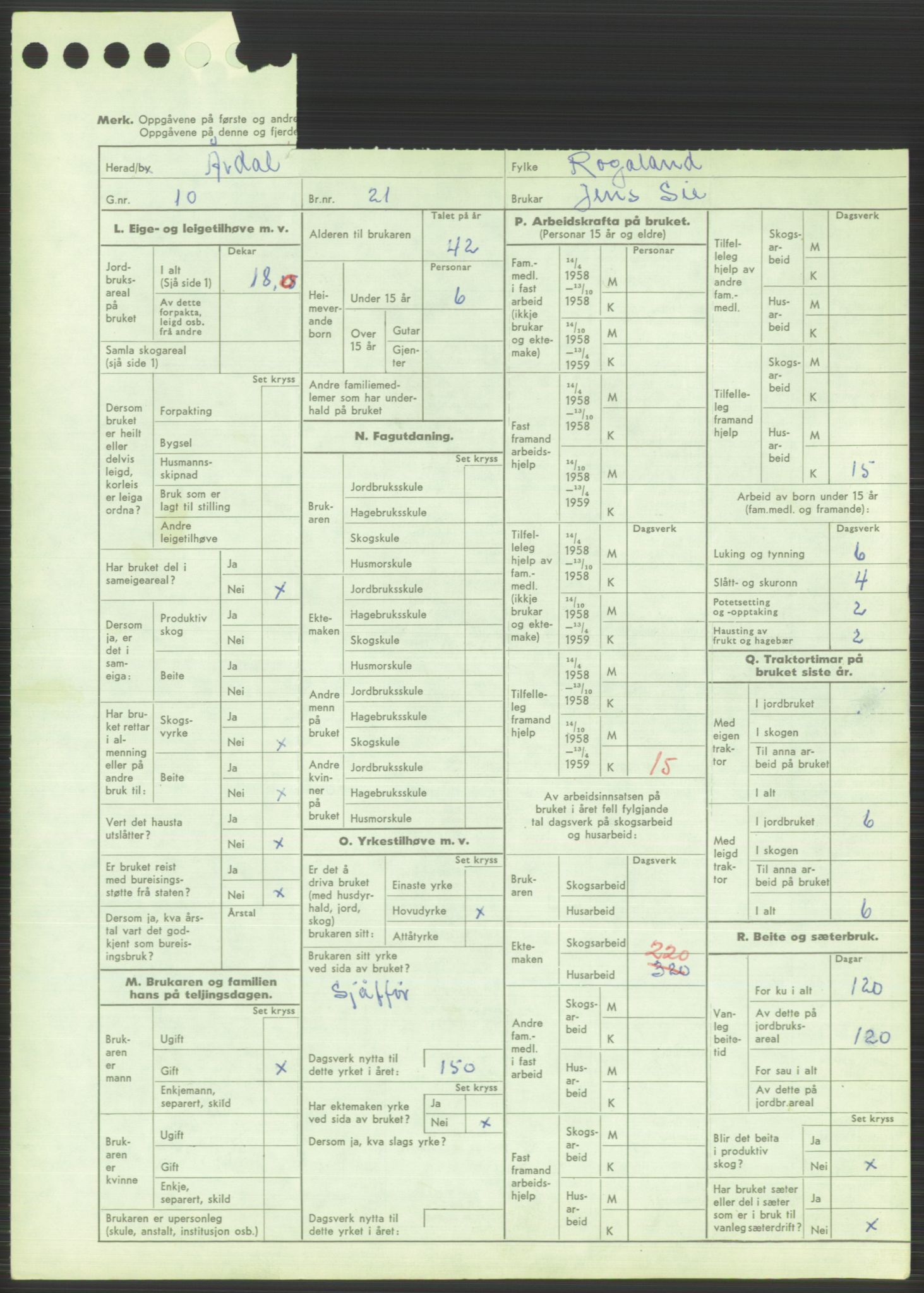 Statistisk sentralbyrå, Næringsøkonomiske emner, Jordbruk, skogbruk, jakt, fiske og fangst, AV/RA-S-2234/G/Gd/L0373: Rogaland: 1130 Strand (kl. 1-2), 1131 Årdal og 1132 Fister, 1959, p. 1133