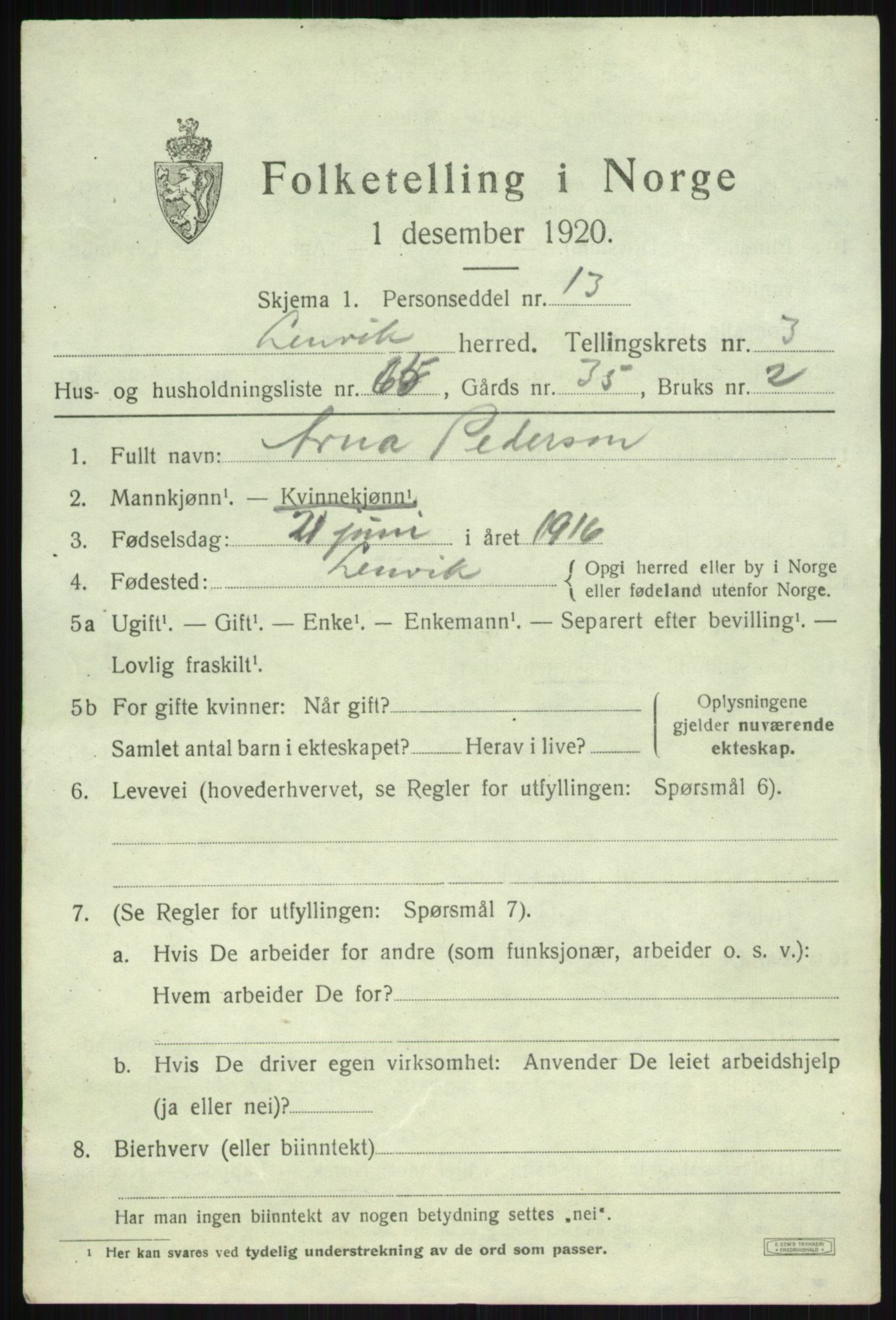 SATØ, 1920 census for Lenvik, 1920, p. 5644