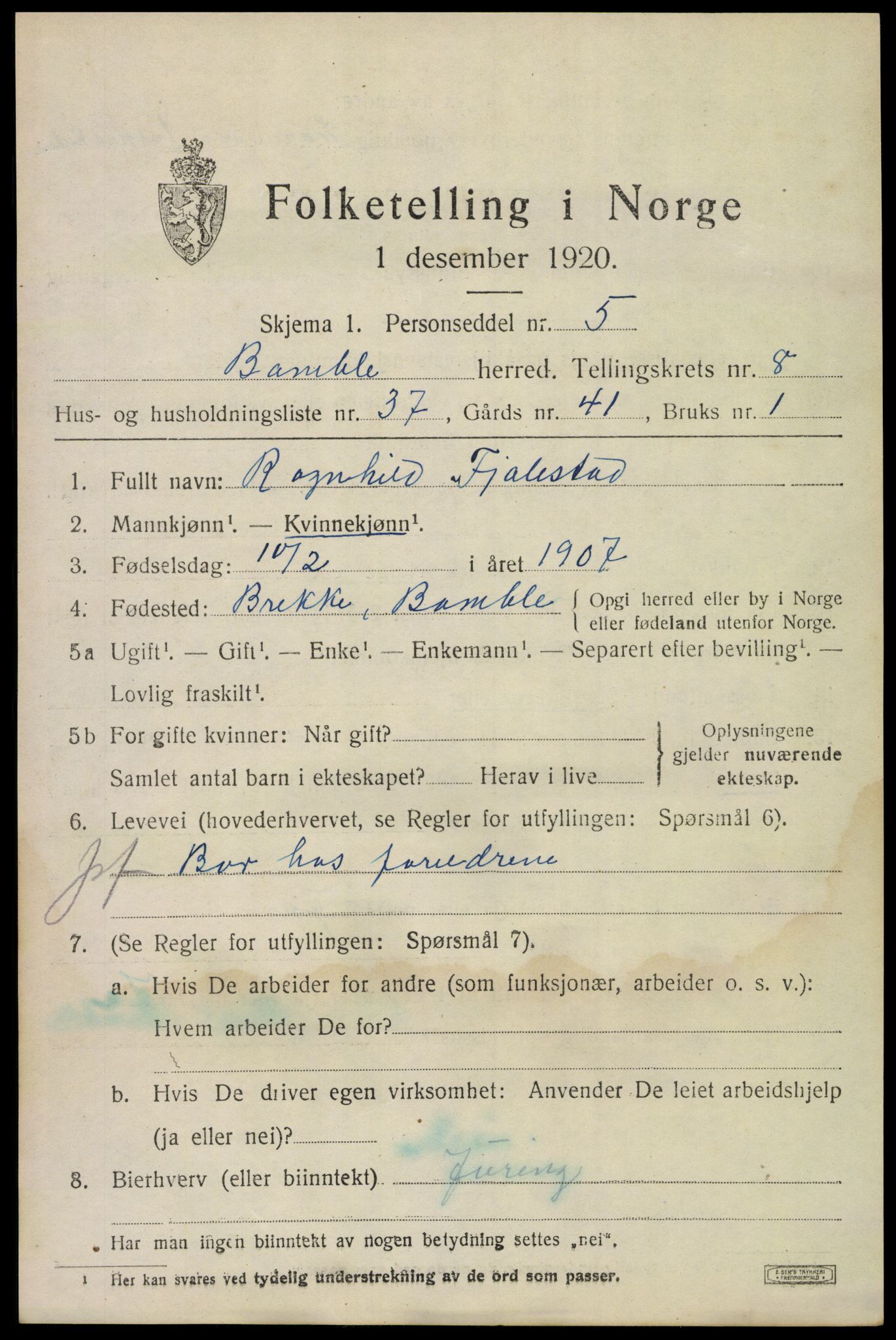 SAKO, 1920 census for Bamble, 1920, p. 7793