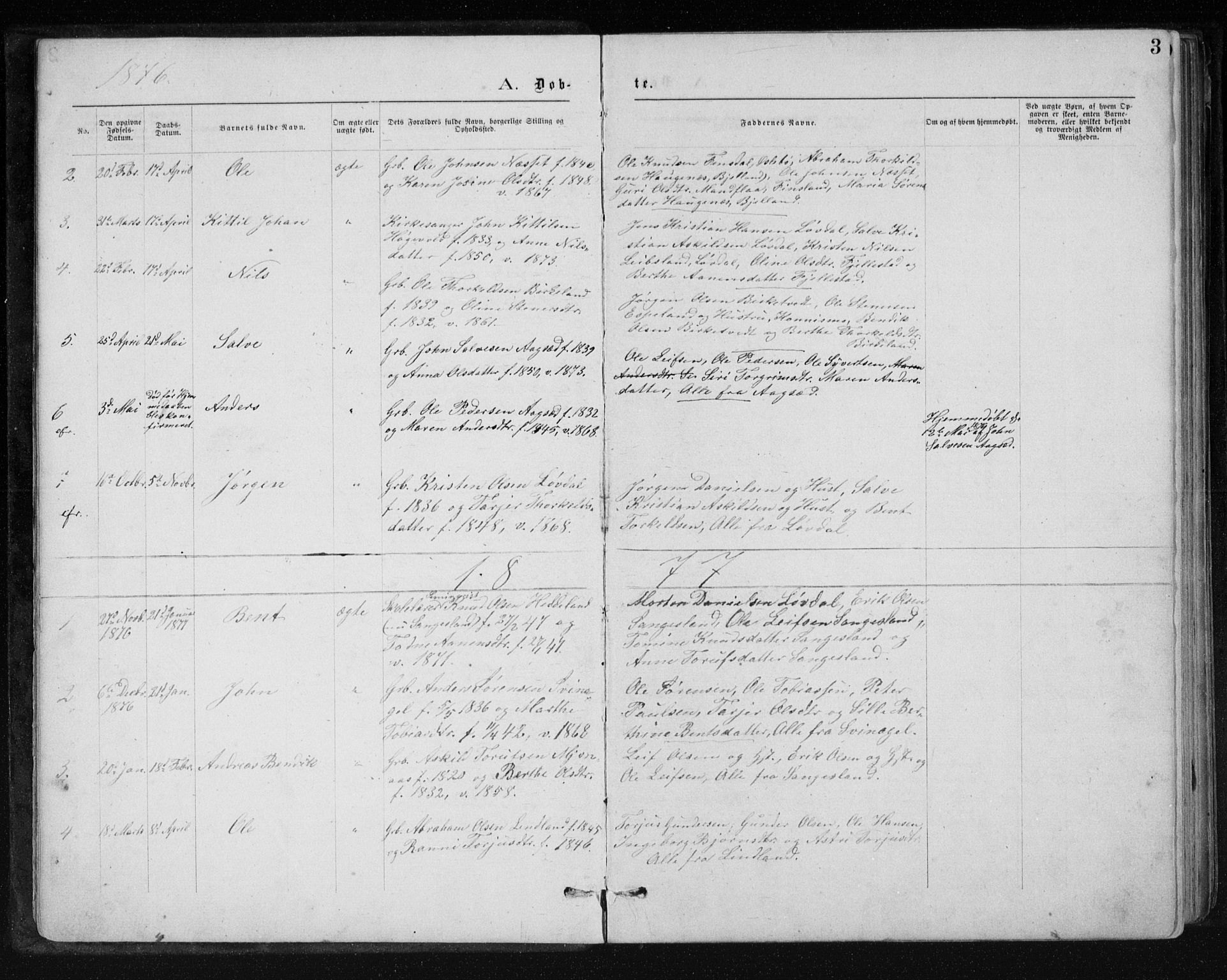 Holum sokneprestkontor, SAK/1111-0022/F/Fb/Fbb/L0003: Parish register (copy) no. B 3, 1875-1898, p. 3