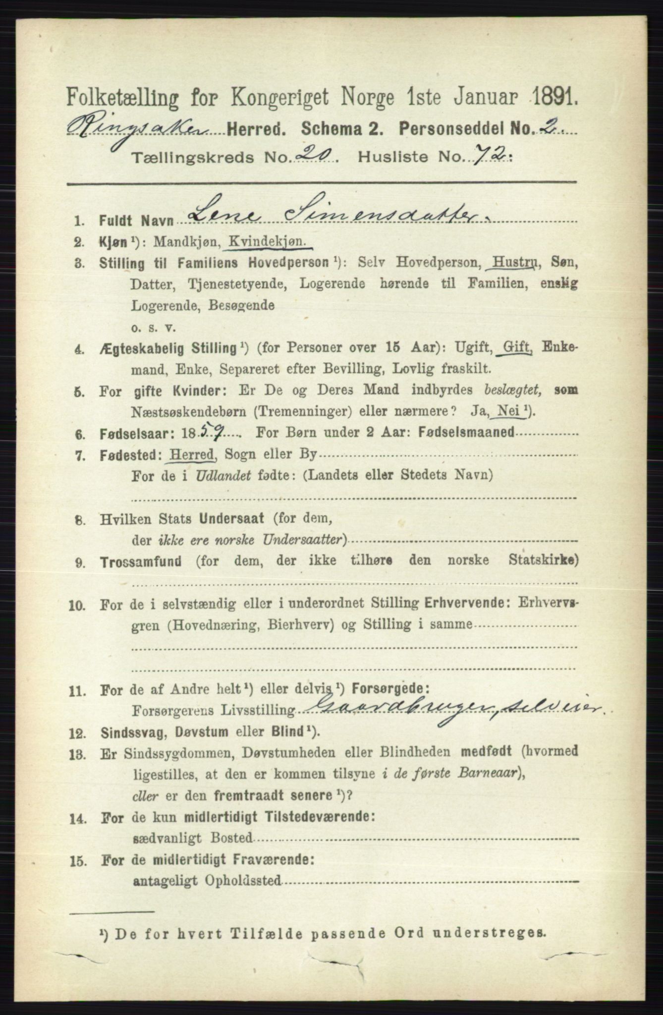 RA, 1891 census for 0412 Ringsaker, 1891, p. 11565