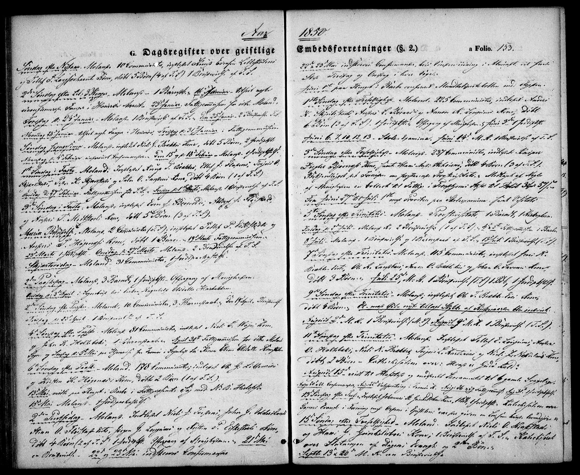 Austre Moland sokneprestkontor, SAK/1111-0001/F/Fa/Faa/L0007: Parish register (official) no. A 7, 1847-1857, p. 153