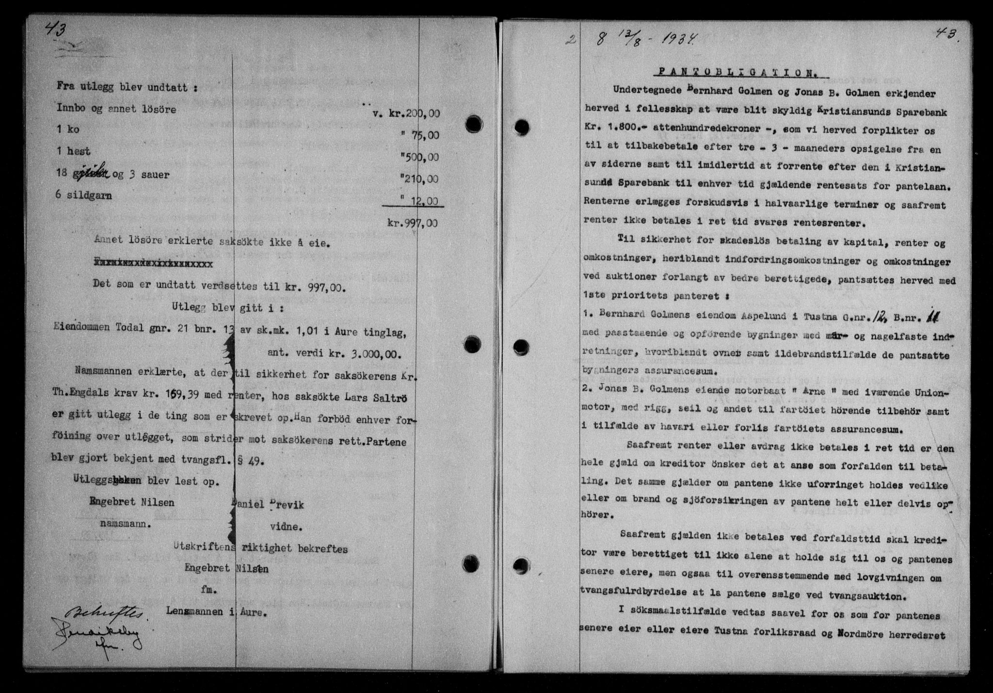 Nordmøre sorenskriveri, AV/SAT-A-4132/1/2/2Ca/L0082: Mortgage book no. 72, 1934-1934, Deed date: 13.08.1934