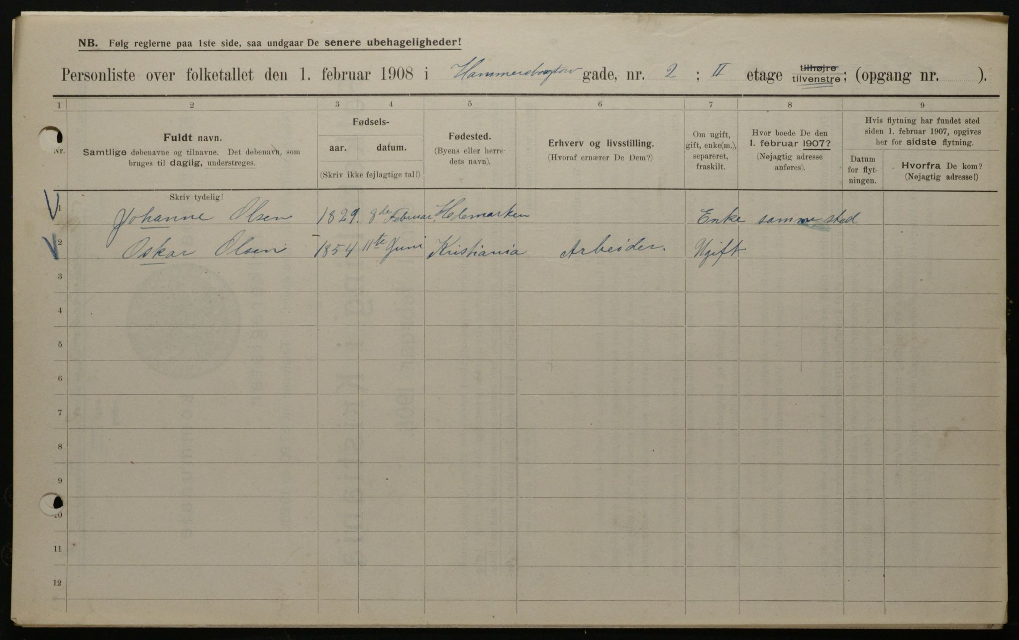 OBA, Municipal Census 1908 for Kristiania, 1908, p. 31005