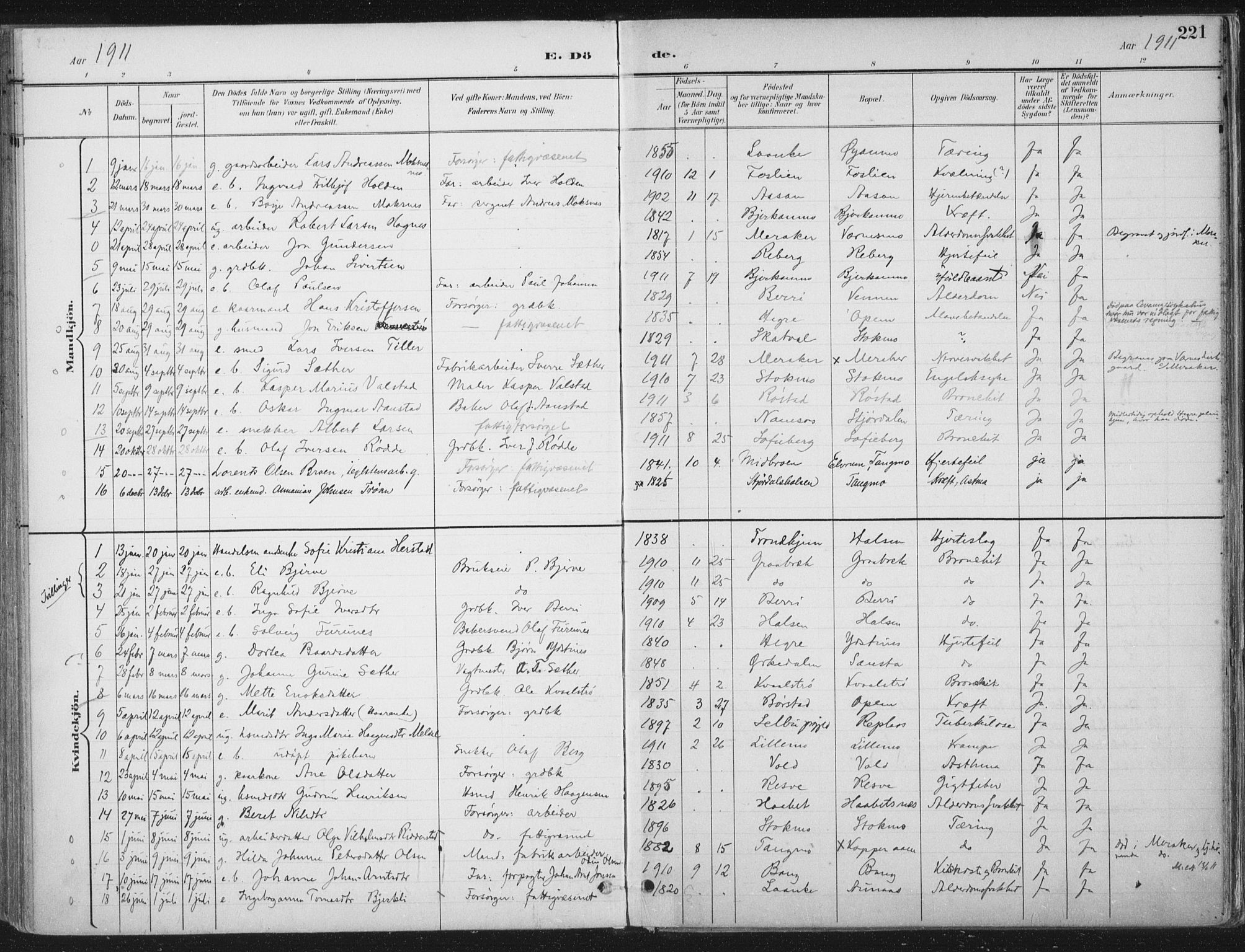 Ministerialprotokoller, klokkerbøker og fødselsregistre - Nord-Trøndelag, SAT/A-1458/709/L0082: Parish register (official) no. 709A22, 1896-1916, p. 221