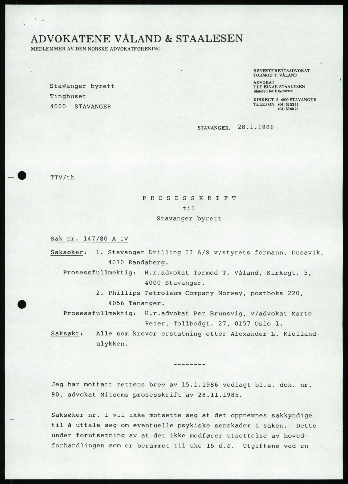 Pa 1503 - Stavanger Drilling AS, AV/SAST-A-101906/Da/L0001: Alexander L. Kielland - Begrensningssak Stavanger byrett, 1986, p. 43