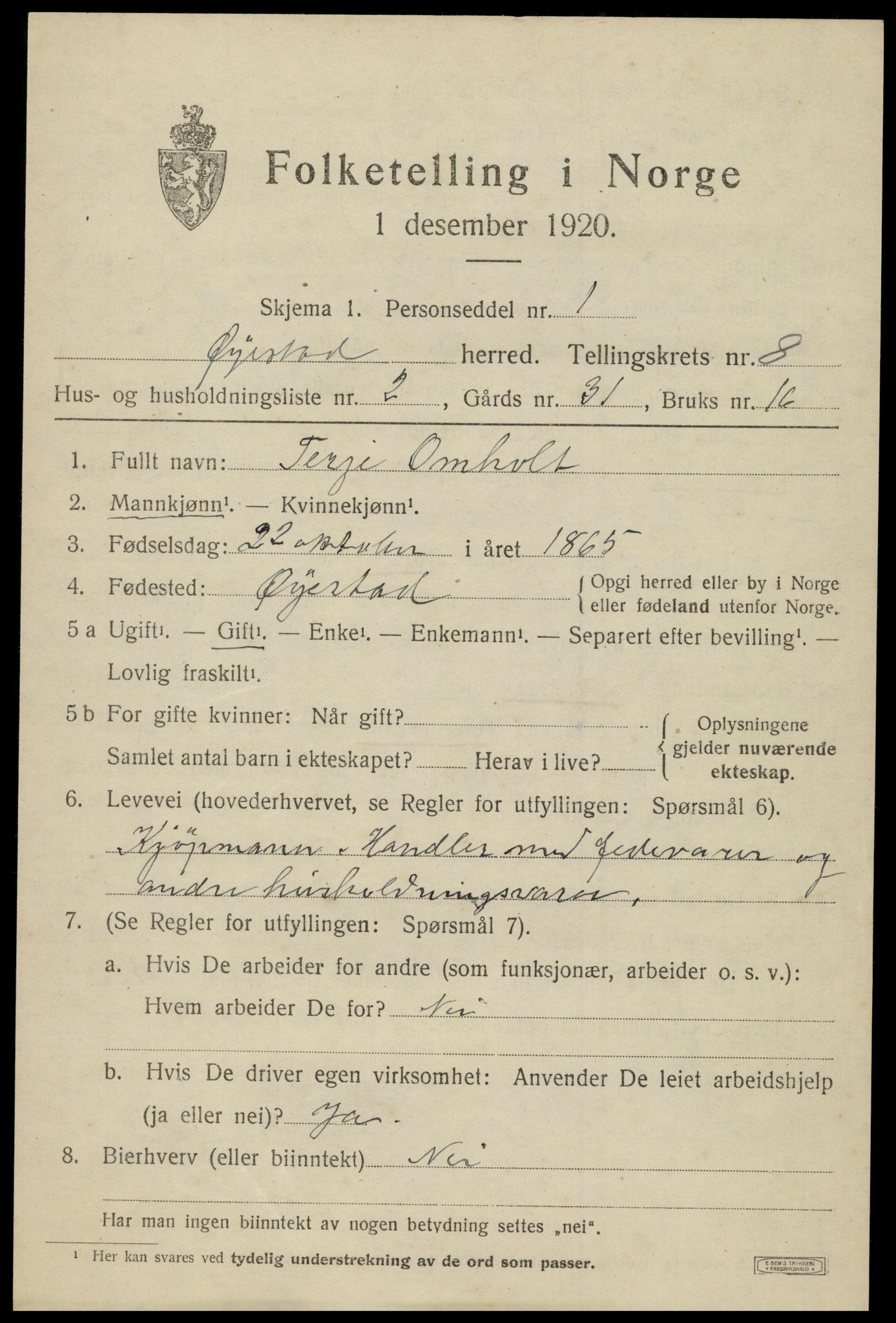 SAK, 1920 census for Øyestad, 1920, p. 5270