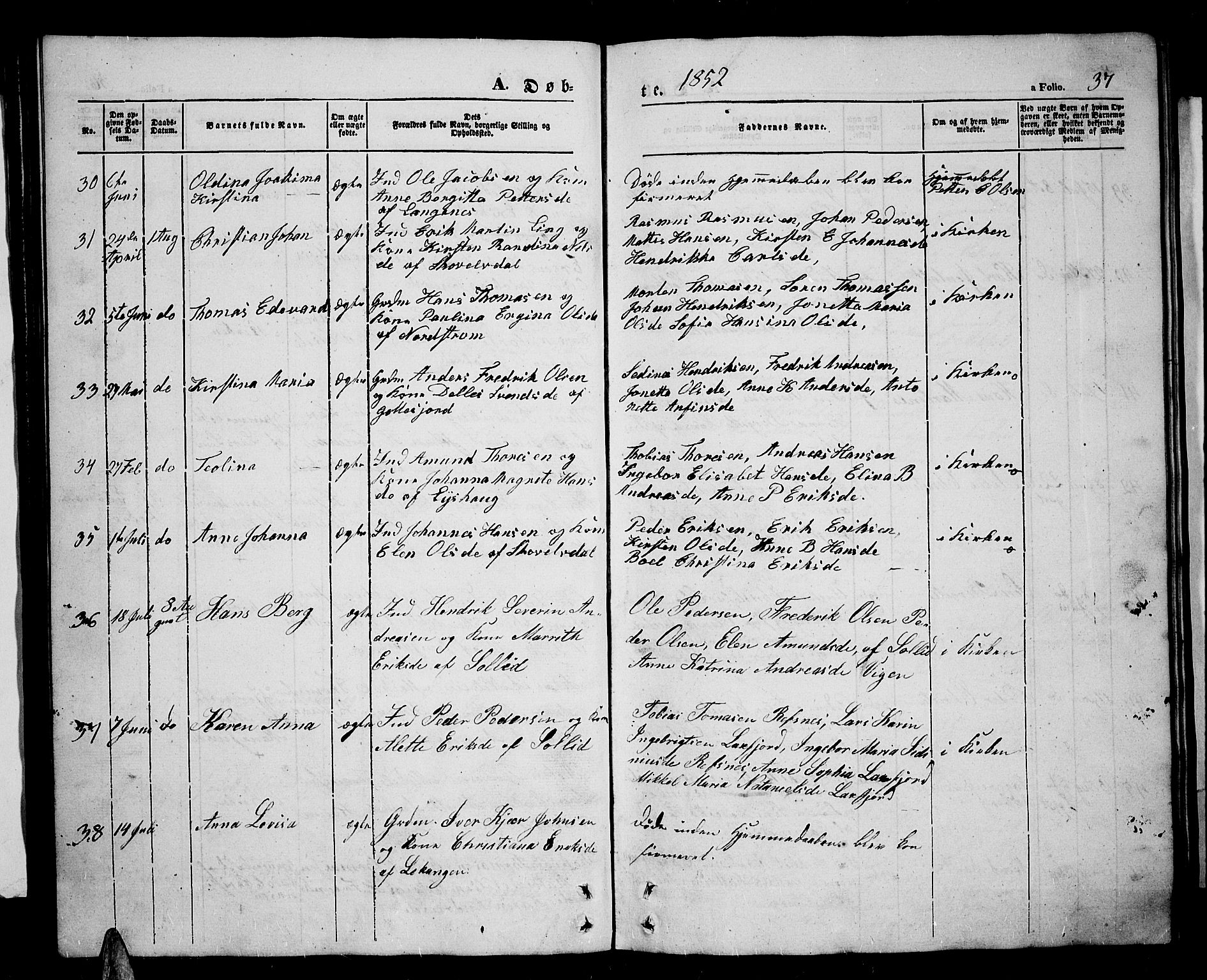 Tranøy sokneprestkontor, SATØ/S-1313/I/Ia/Iab/L0002klokker: Parish register (copy) no. 2, 1847-1860, p. 37