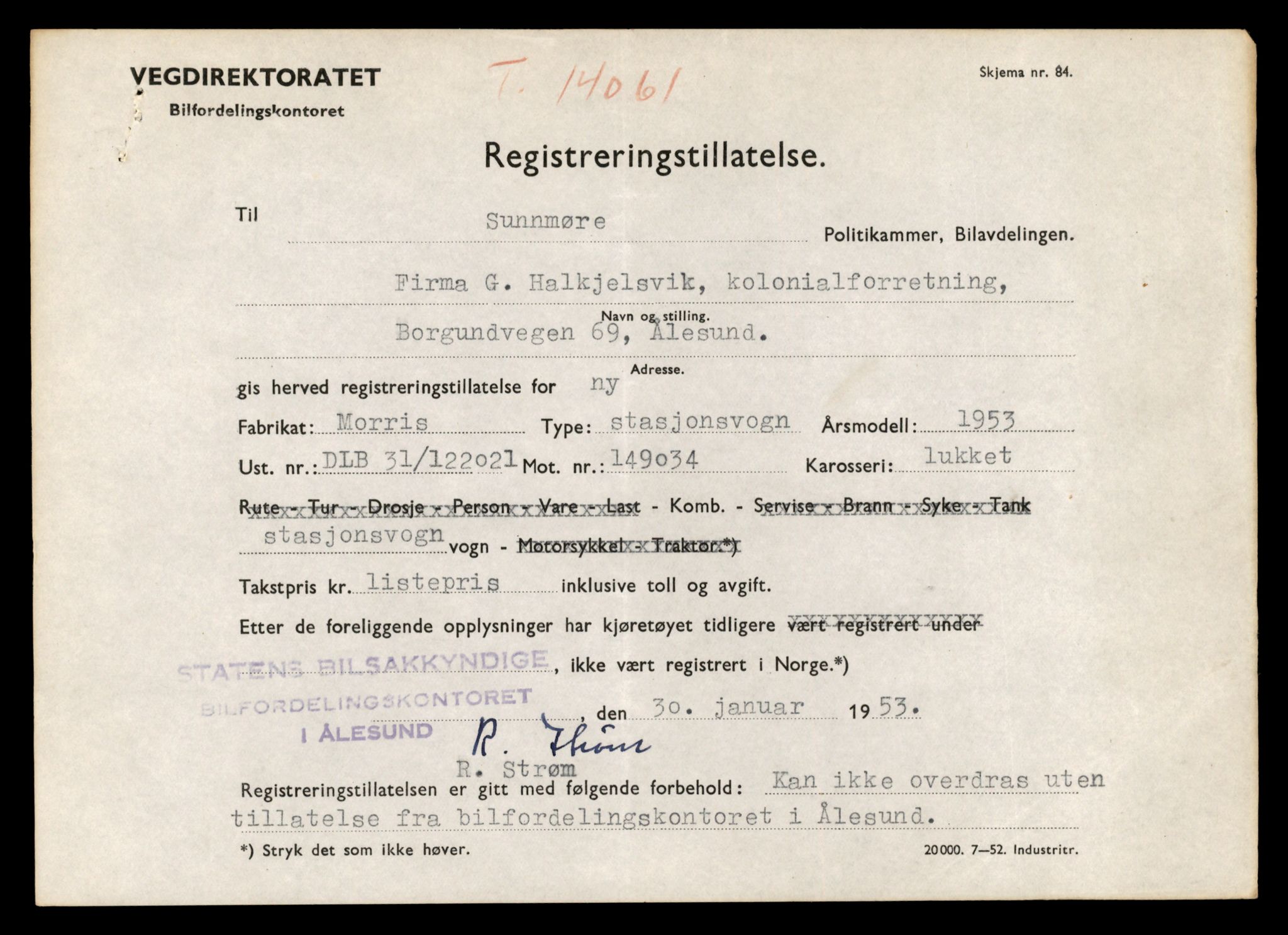 Møre og Romsdal vegkontor - Ålesund trafikkstasjon, SAT/A-4099/F/Fe/L0042: Registreringskort for kjøretøy T 13906 - T 14079, 1927-1998, p. 2731