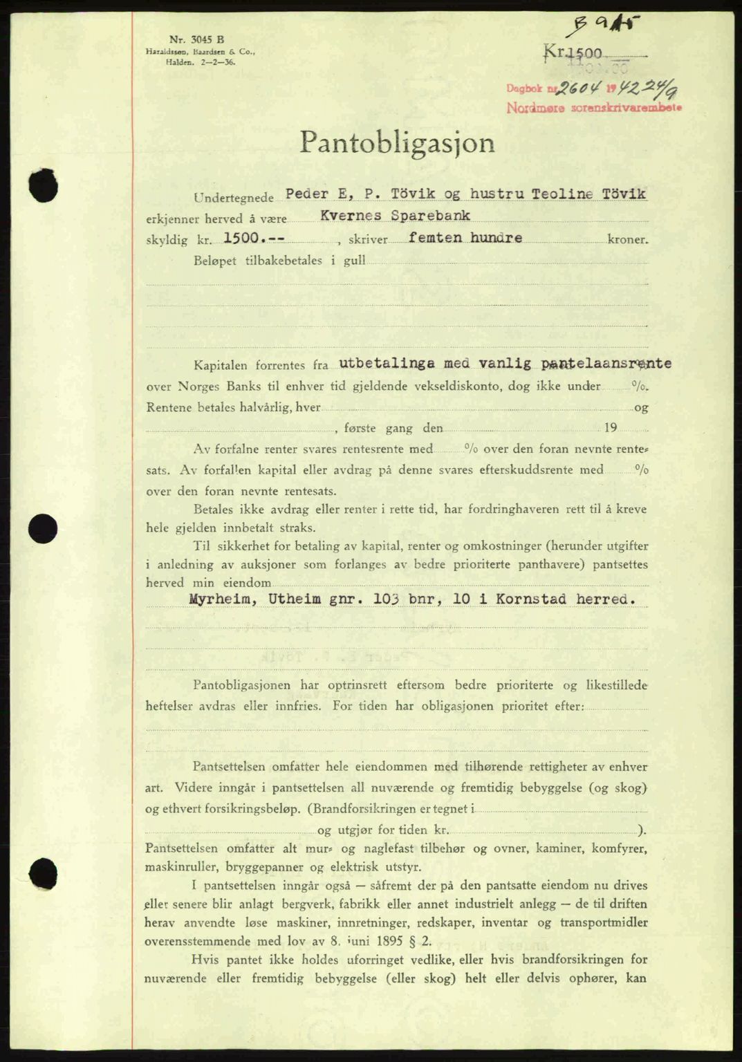 Nordmøre sorenskriveri, AV/SAT-A-4132/1/2/2Ca: Mortgage book no. B89, 1942-1942, Diary no: : 2604/1942