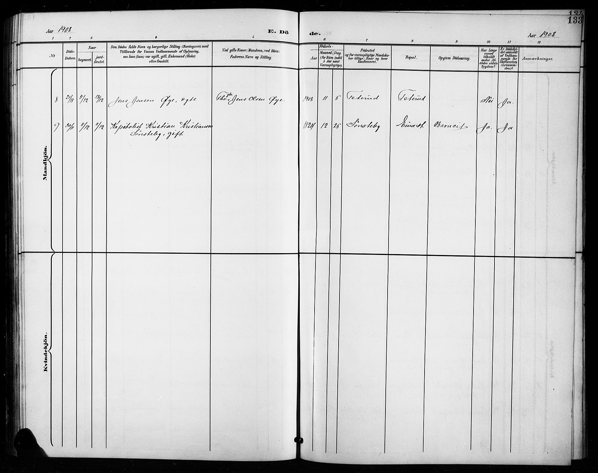 Vestre Toten prestekontor, SAH/PREST-108/H/Ha/Hab/L0016: Parish register (copy) no. 16, 1901-1915, p. 133
