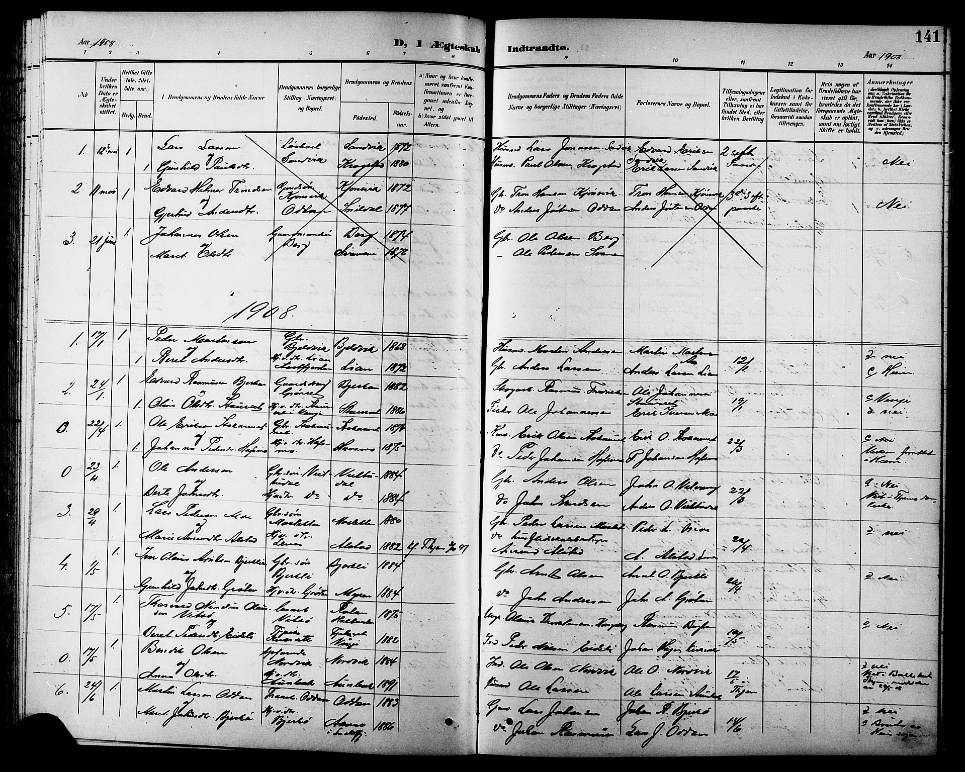 Ministerialprotokoller, klokkerbøker og fødselsregistre - Sør-Trøndelag, SAT/A-1456/630/L0505: Parish register (copy) no. 630C03, 1899-1914, p. 141