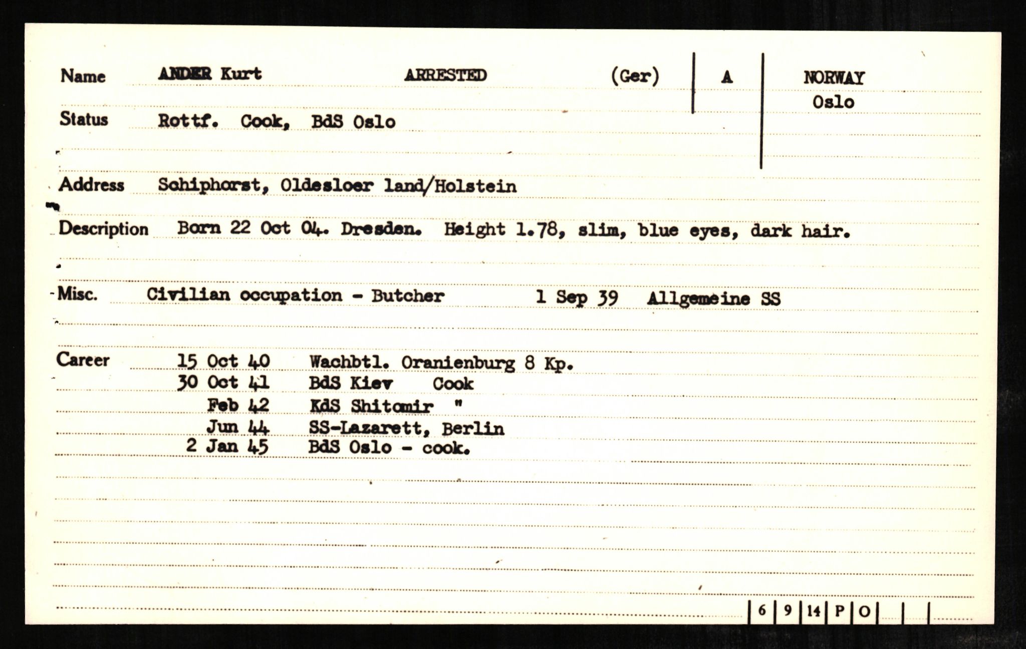 Forsvaret, Forsvarets overkommando II, AV/RA-RAFA-3915/D/Db/L0001: CI Questionaires. Tyske okkupasjonsstyrker i Norge. Tyskere., 1945-1946, p. 205