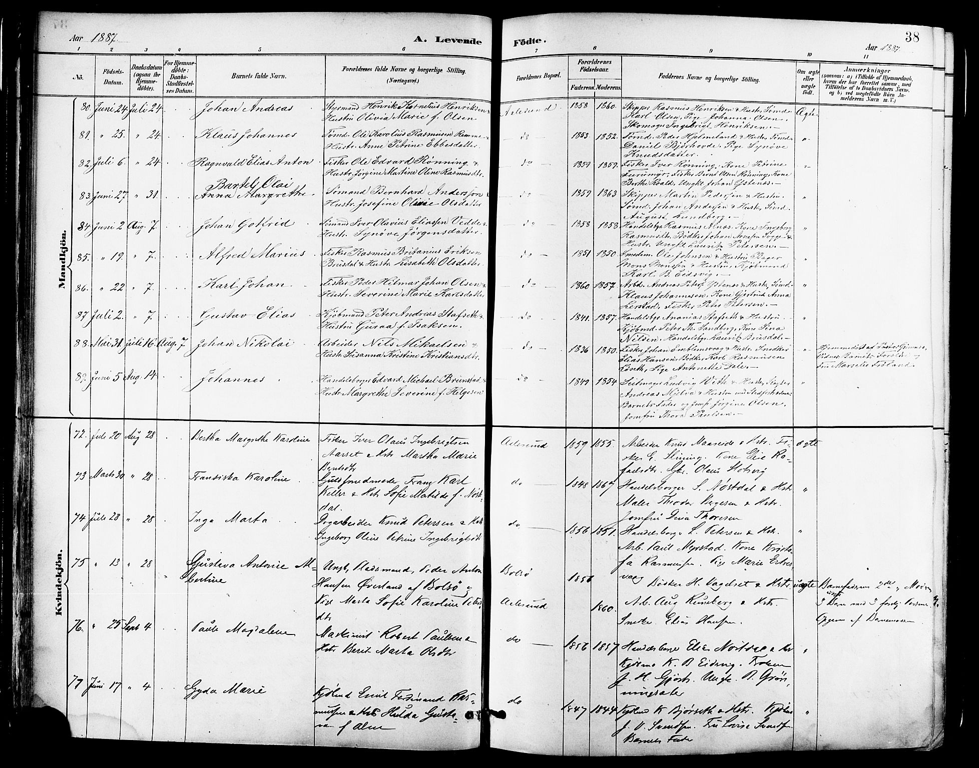 Ministerialprotokoller, klokkerbøker og fødselsregistre - Møre og Romsdal, SAT/A-1454/529/L0455: Parish register (official) no. 529A05, 1885-1893, p. 38
