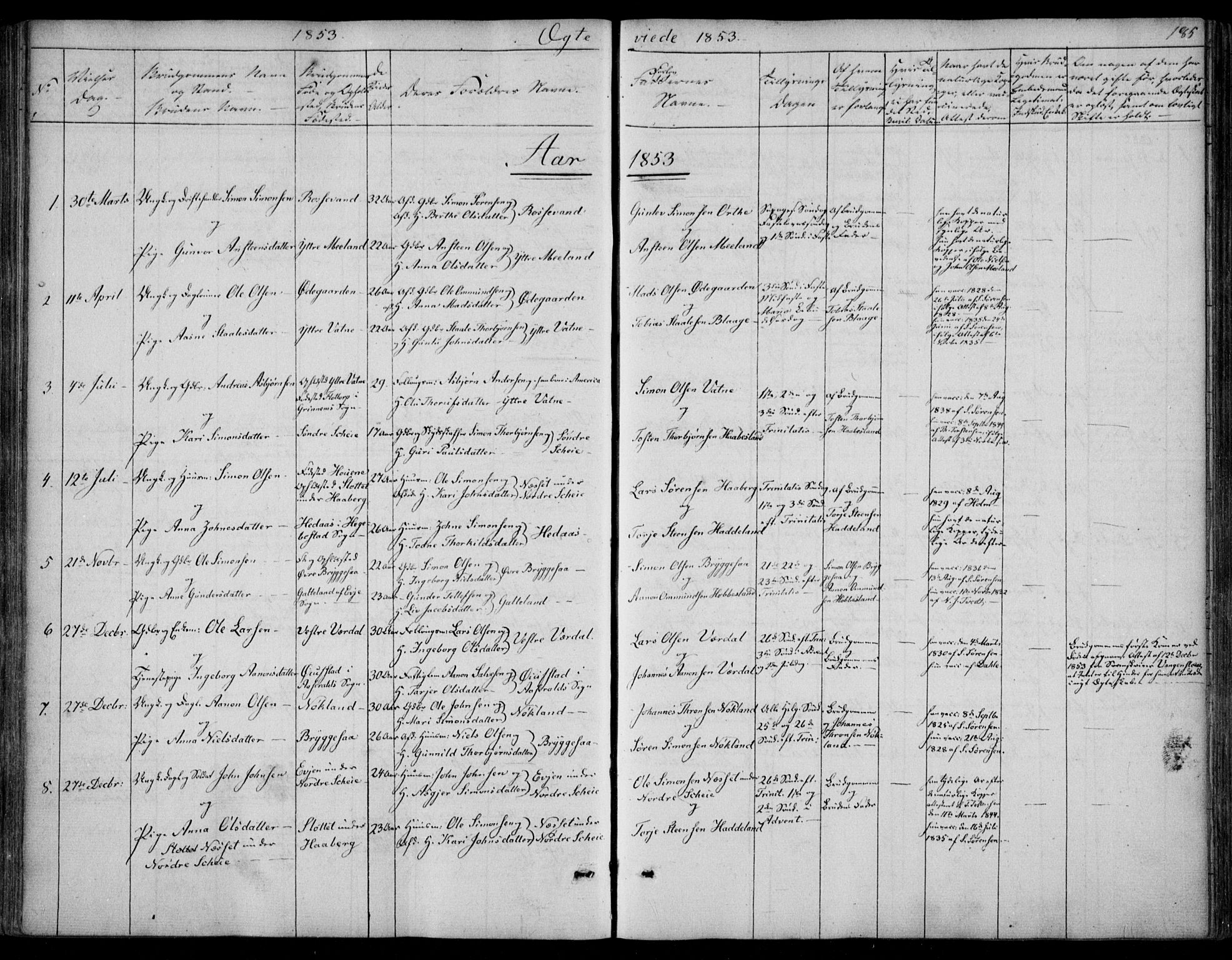 Hægebostad sokneprestkontor, SAK/1111-0024/F/Fa/Fab/L0002: Parish register (official) no. A 2, 1836-1872, p. 185