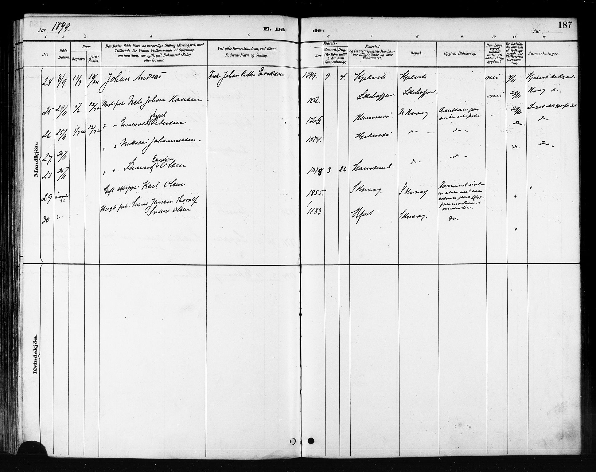 Måsøy sokneprestkontor, AV/SATØ-S-1348/H/Ha/L0007kirke: Parish register (official) no. 7, 1887-1899, p. 187