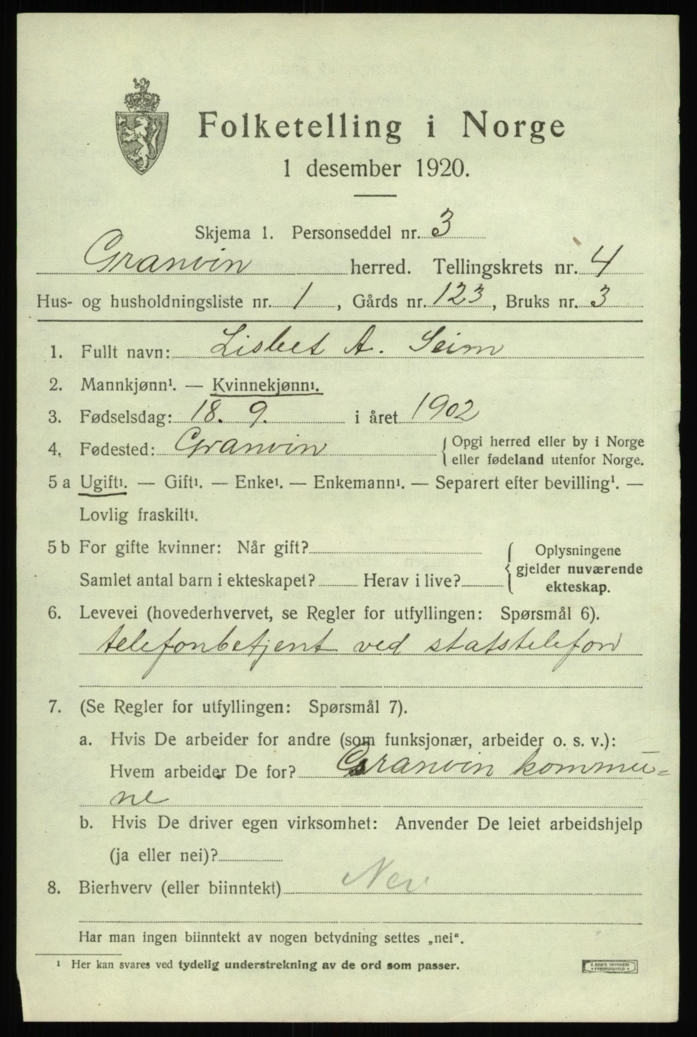 SAB, 1920 census for Granvin, 1920, p. 1546