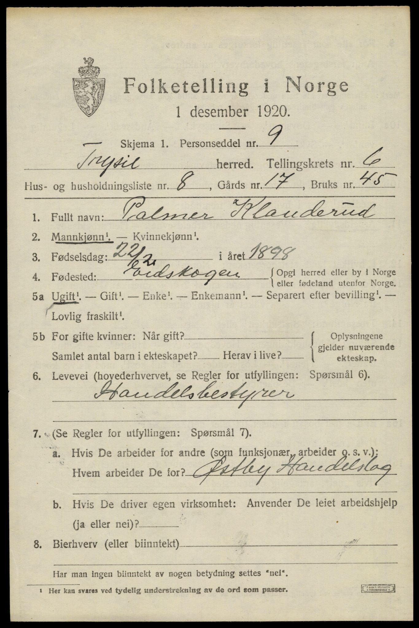 SAH, 1920 census for Trysil, 1920, p. 4631
