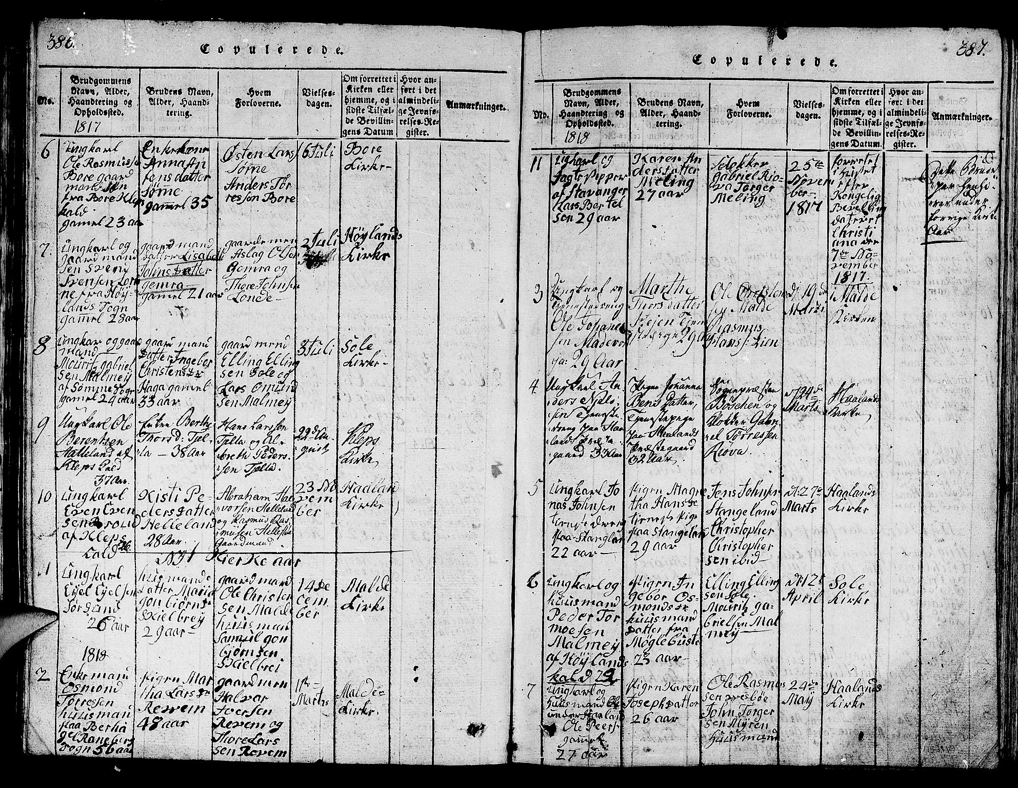 Håland sokneprestkontor, SAST/A-101802/001/30BB/L0001: Parish register (copy) no. B 1, 1815-1845, p. 386-387