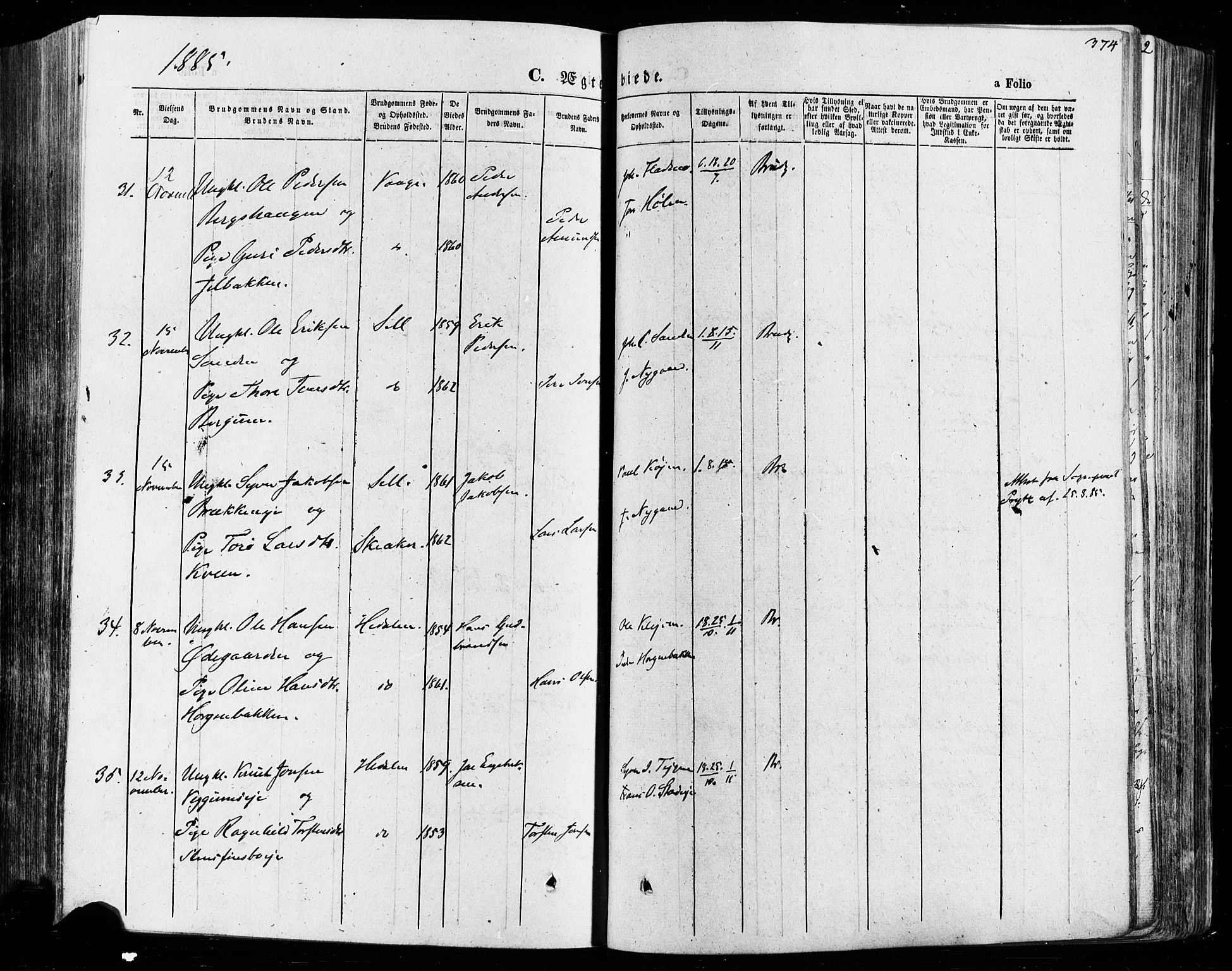 Vågå prestekontor, AV/SAH-PREST-076/H/Ha/Haa/L0007: Parish register (official) no. 7 /1, 1872-1886, p. 374