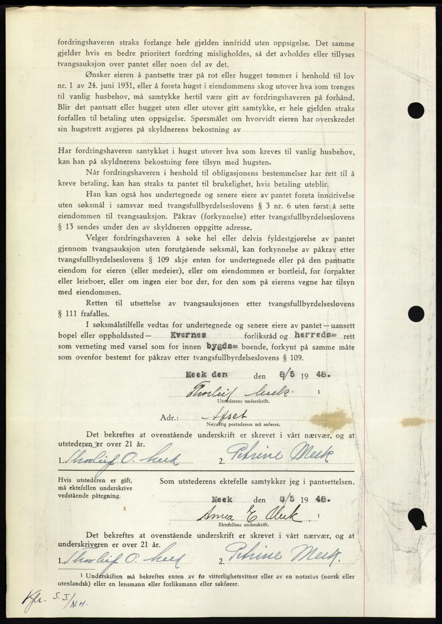 Nordmøre sorenskriveri, AV/SAT-A-4132/1/2/2Ca: Mortgage book no. B98, 1948-1948, Diary no: : 1213/1948