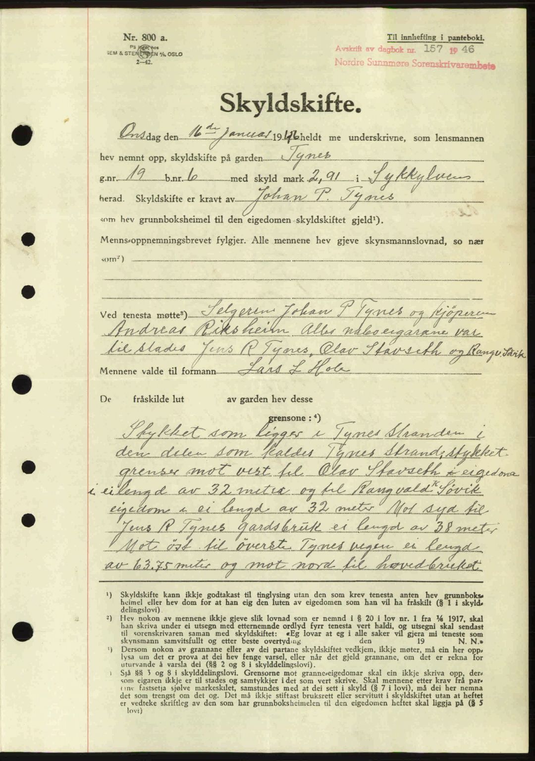 Nordre Sunnmøre sorenskriveri, AV/SAT-A-0006/1/2/2C/2Ca: Mortgage book no. A20b, 1946-1946, Diary no: : 157/1946