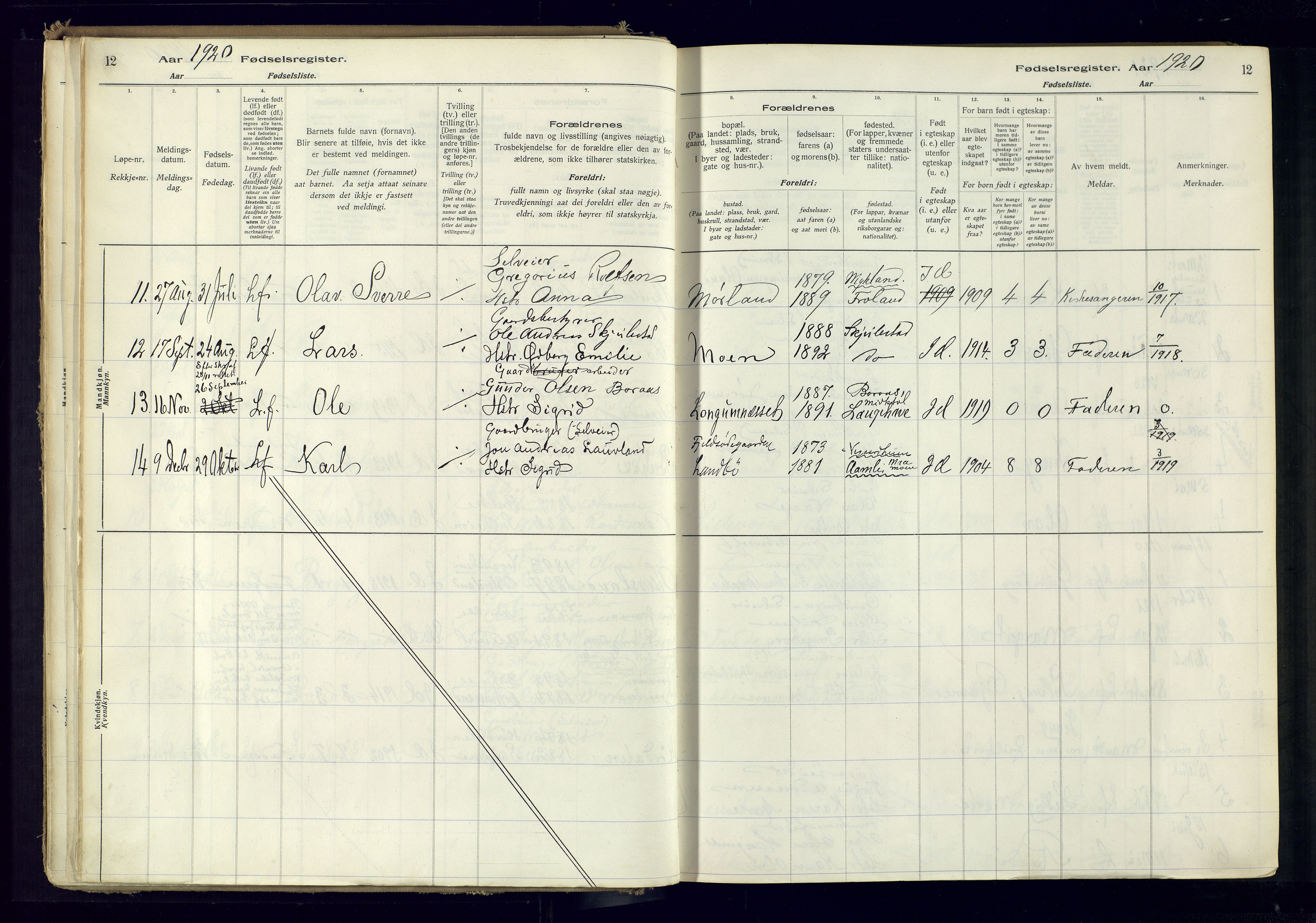 Austre Moland sokneprestkontor, AV/SAK-1111-0001/J/Ja/L0001: Birth register no. A-VI-25, 1916-1975, p. 12