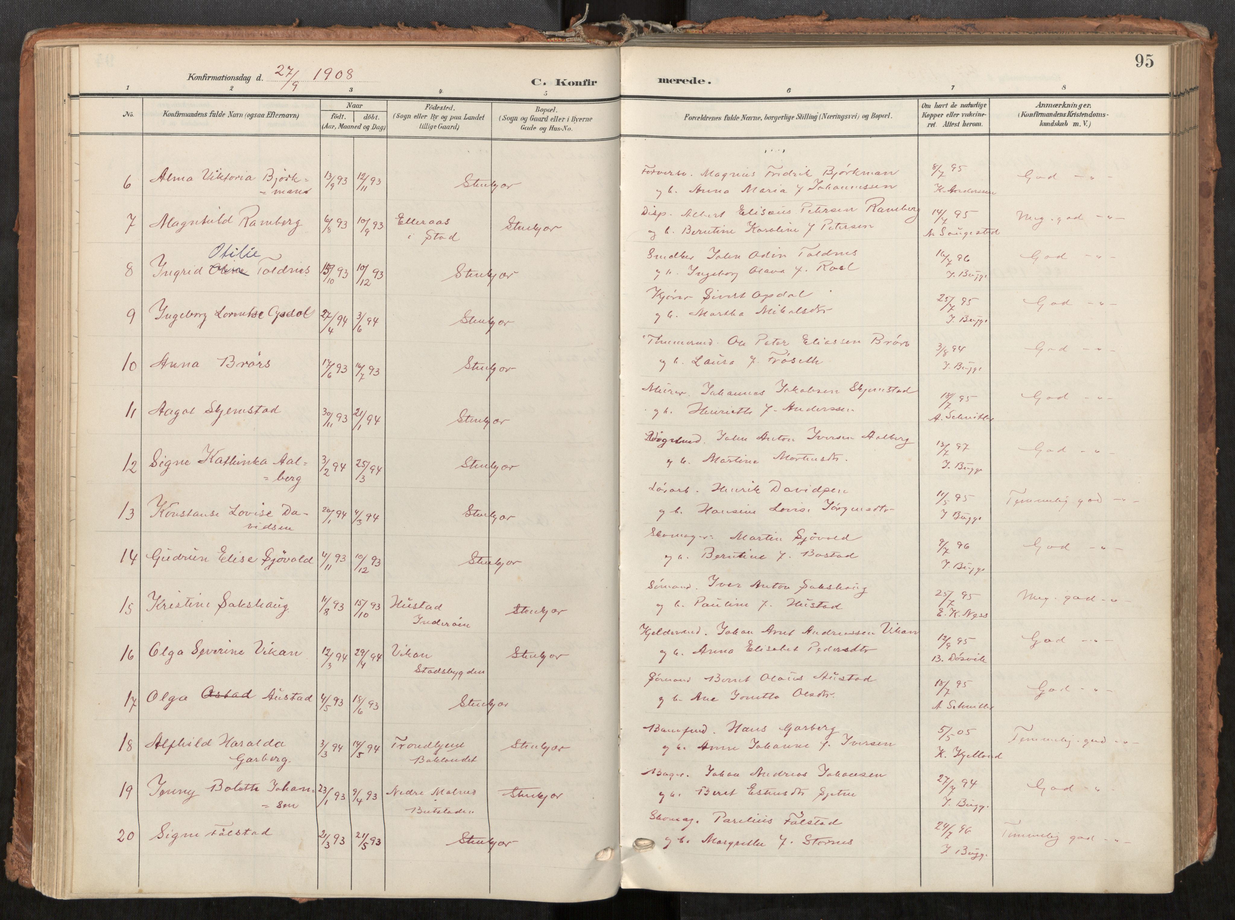 Steinkjer sokneprestkontor, AV/SAT-A-1541/01/H/Ha/Haa/L0001: Parish register (official) no. 1, 1904-1912, p. 95