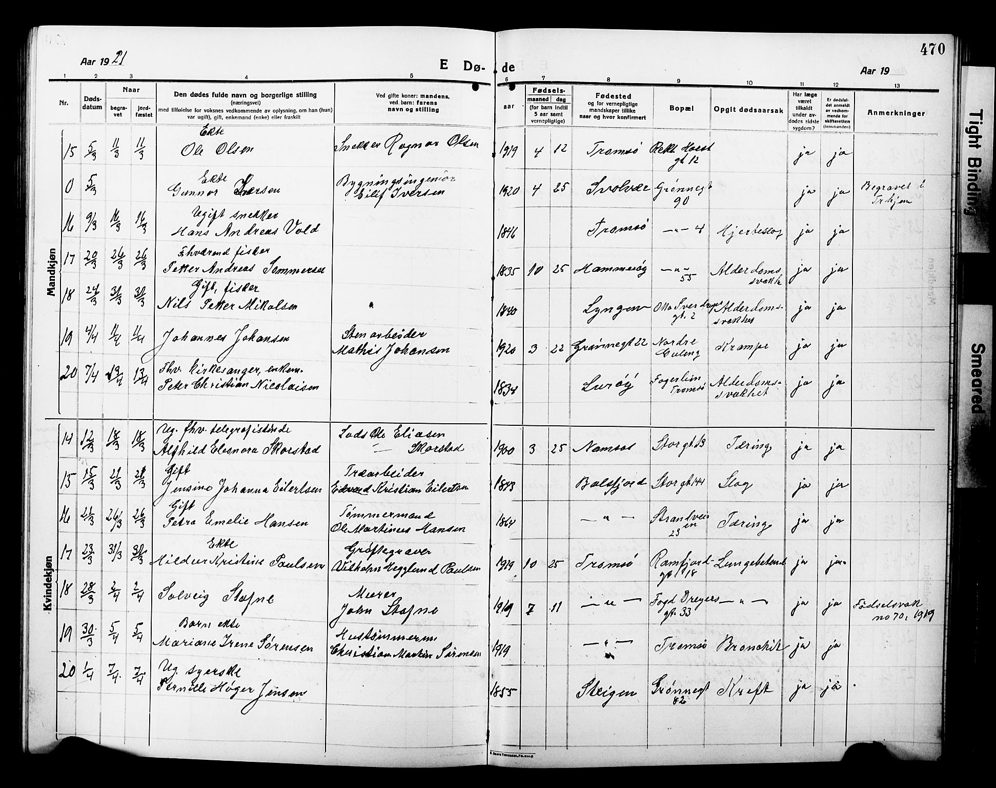 Tromsø sokneprestkontor/stiftsprosti/domprosti, AV/SATØ-S-1343/G/Gb/L0009klokker: Parish register (copy) no. 9, 1915-1925, p. 470