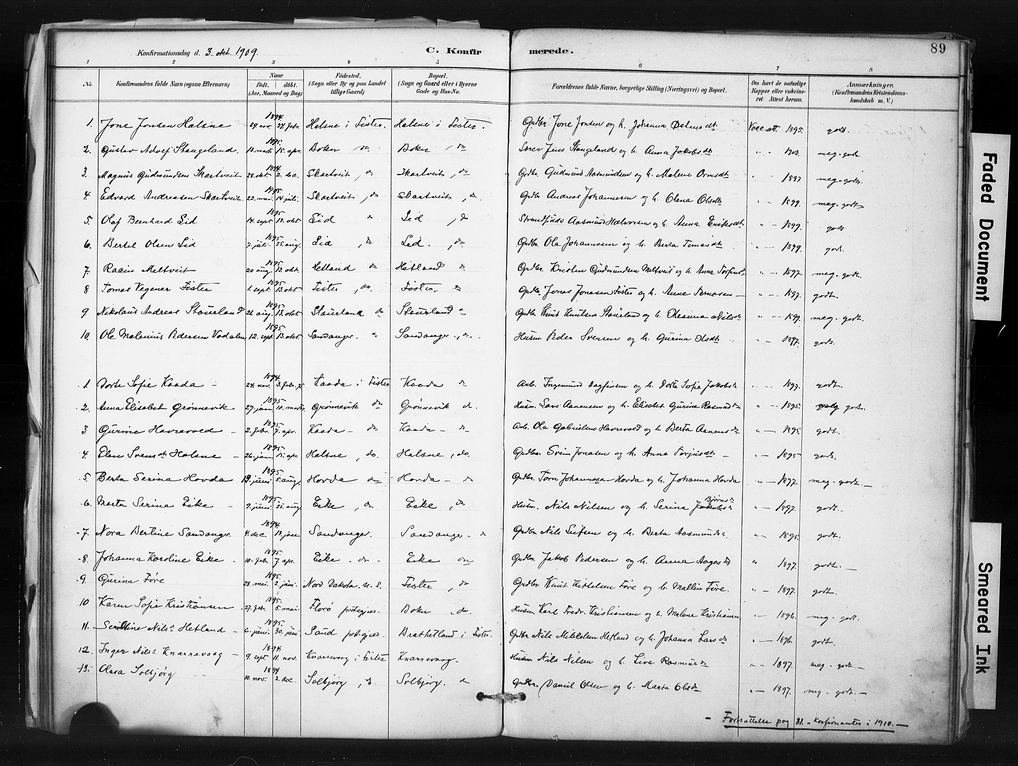 Hjelmeland sokneprestkontor, SAST/A-101843/01/IV/L0015: Parish register (official) no. A 15, 1887-1910, p. 89