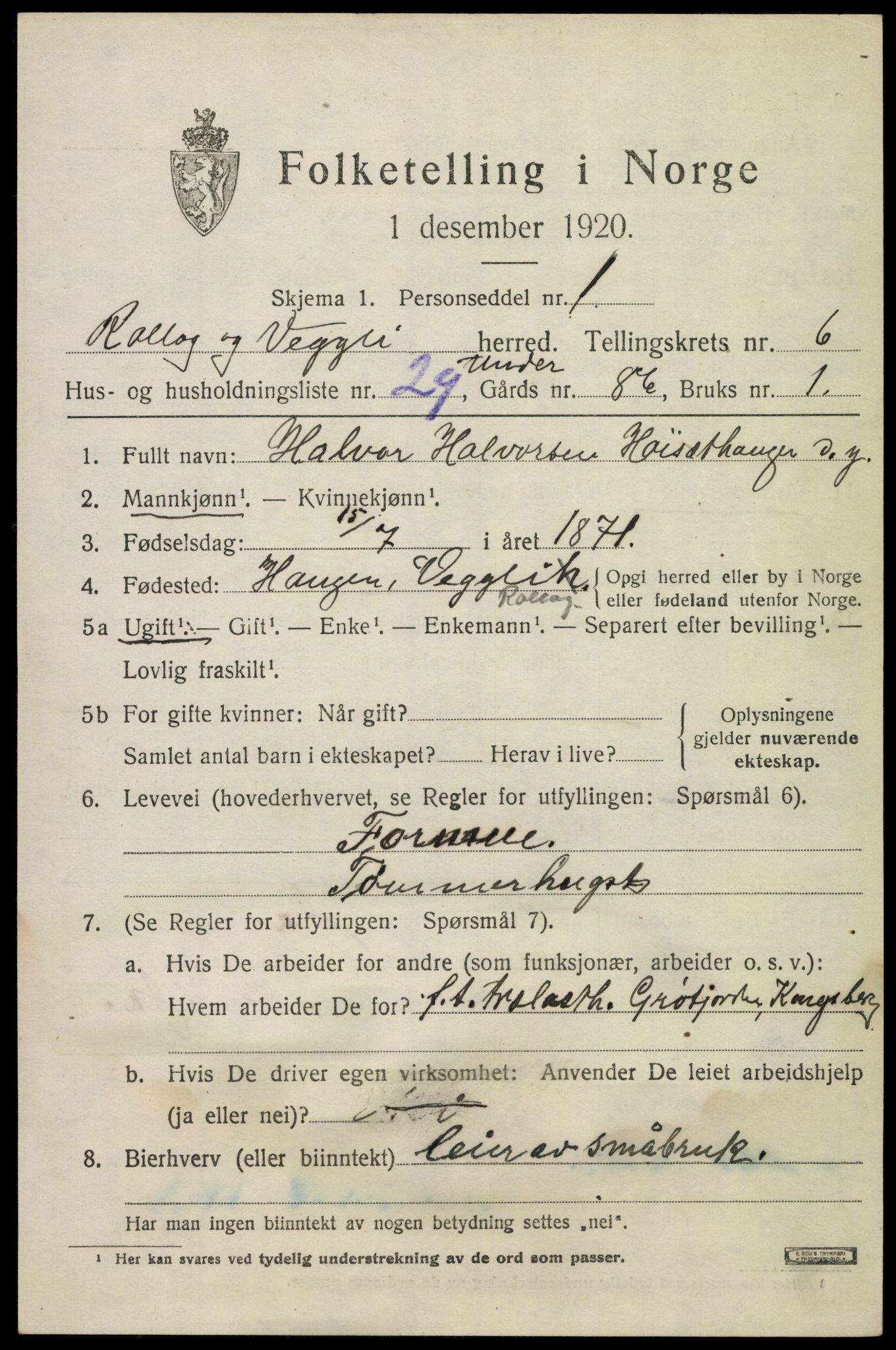 SAKO, 1920 census for Rollag, 1920, p. 2490