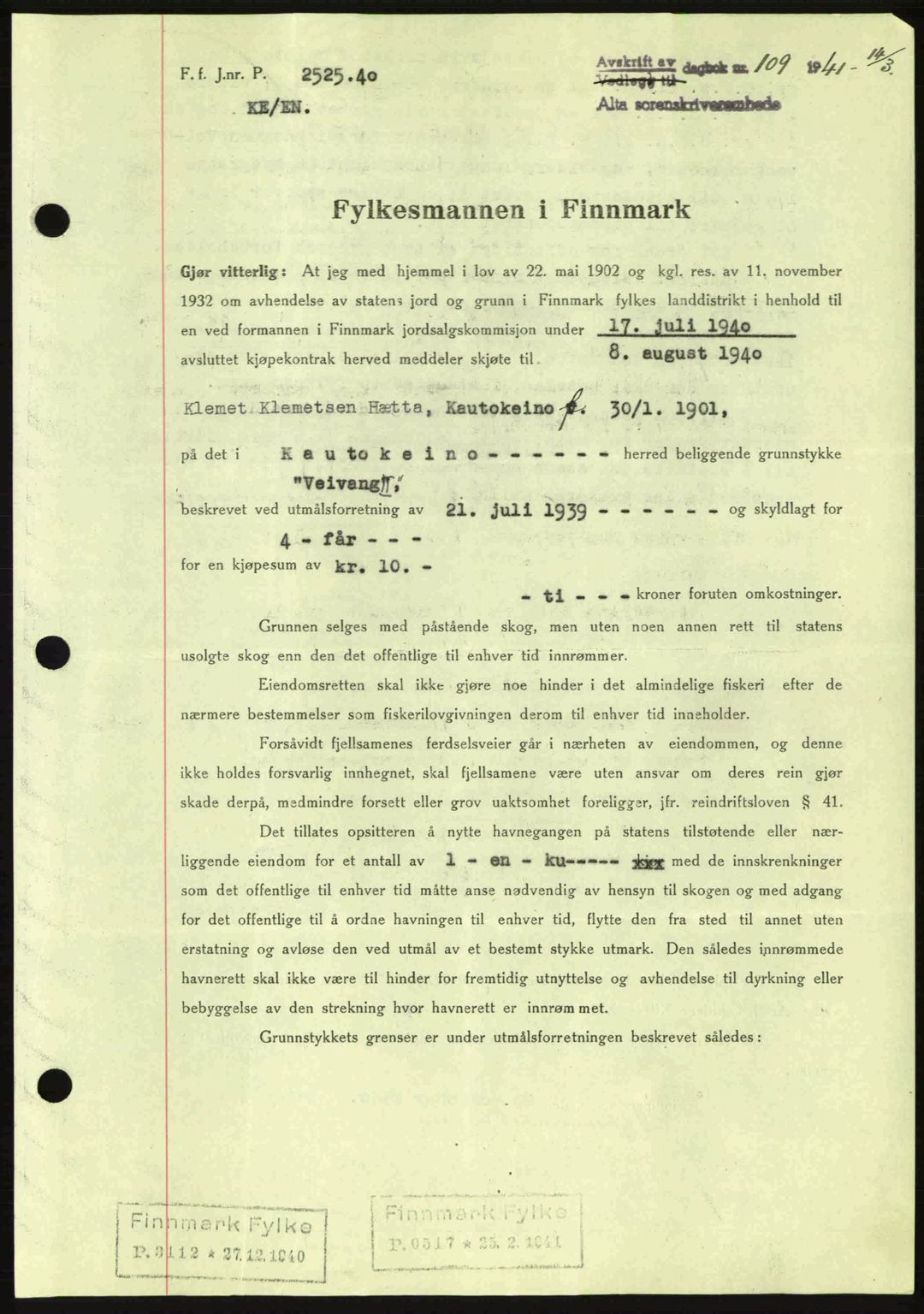 Alta fogderi/sorenskriveri, SATØ/SATØ-5/1/K/Kd/L0033pantebok: Mortgage book no. 33, 1940-1943, Diary no: : 109/1941