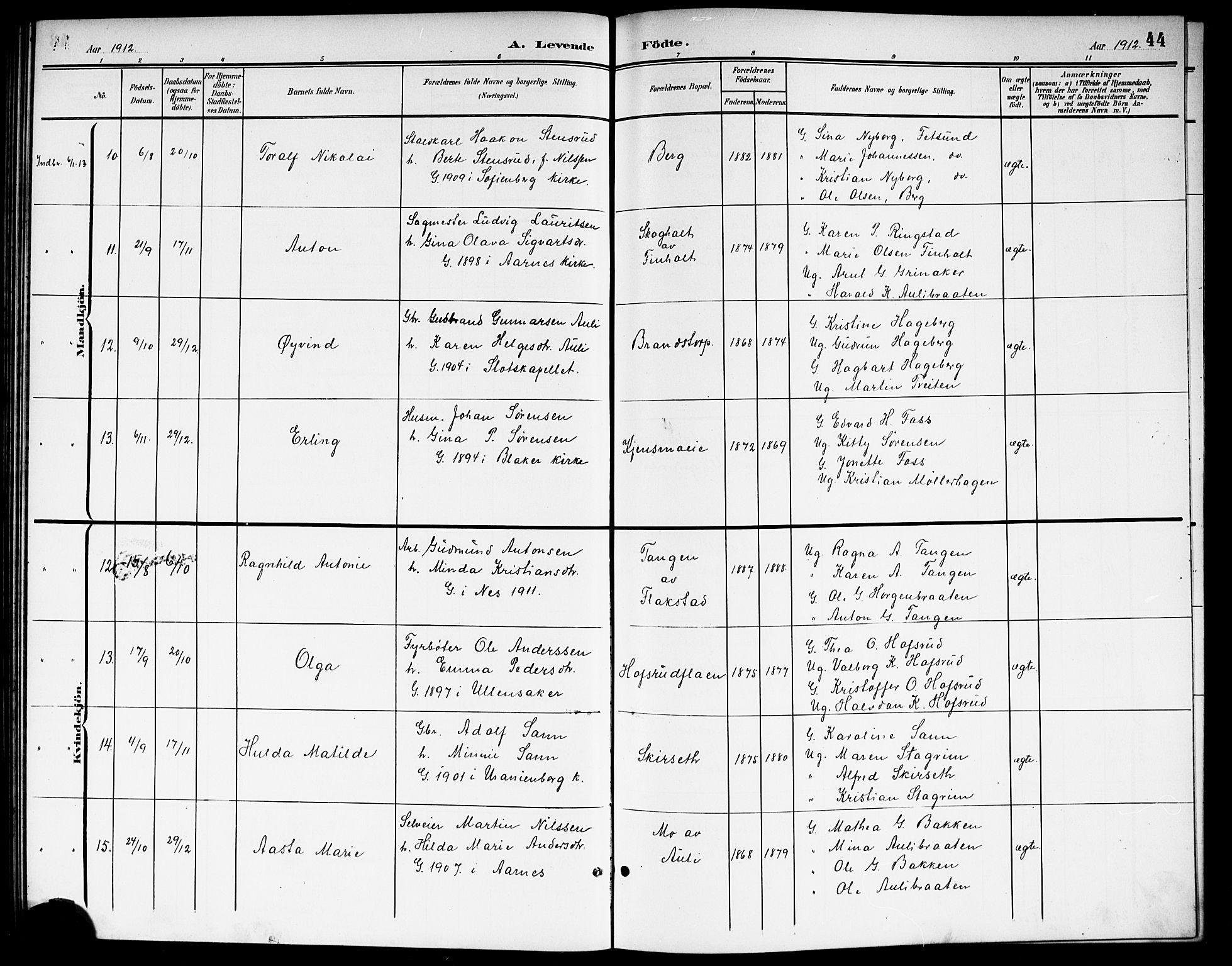 Nes prestekontor Kirkebøker, AV/SAO-A-10410/G/Gb/L0001: Parish register (copy) no. II 1, 1901-1917, p. 44