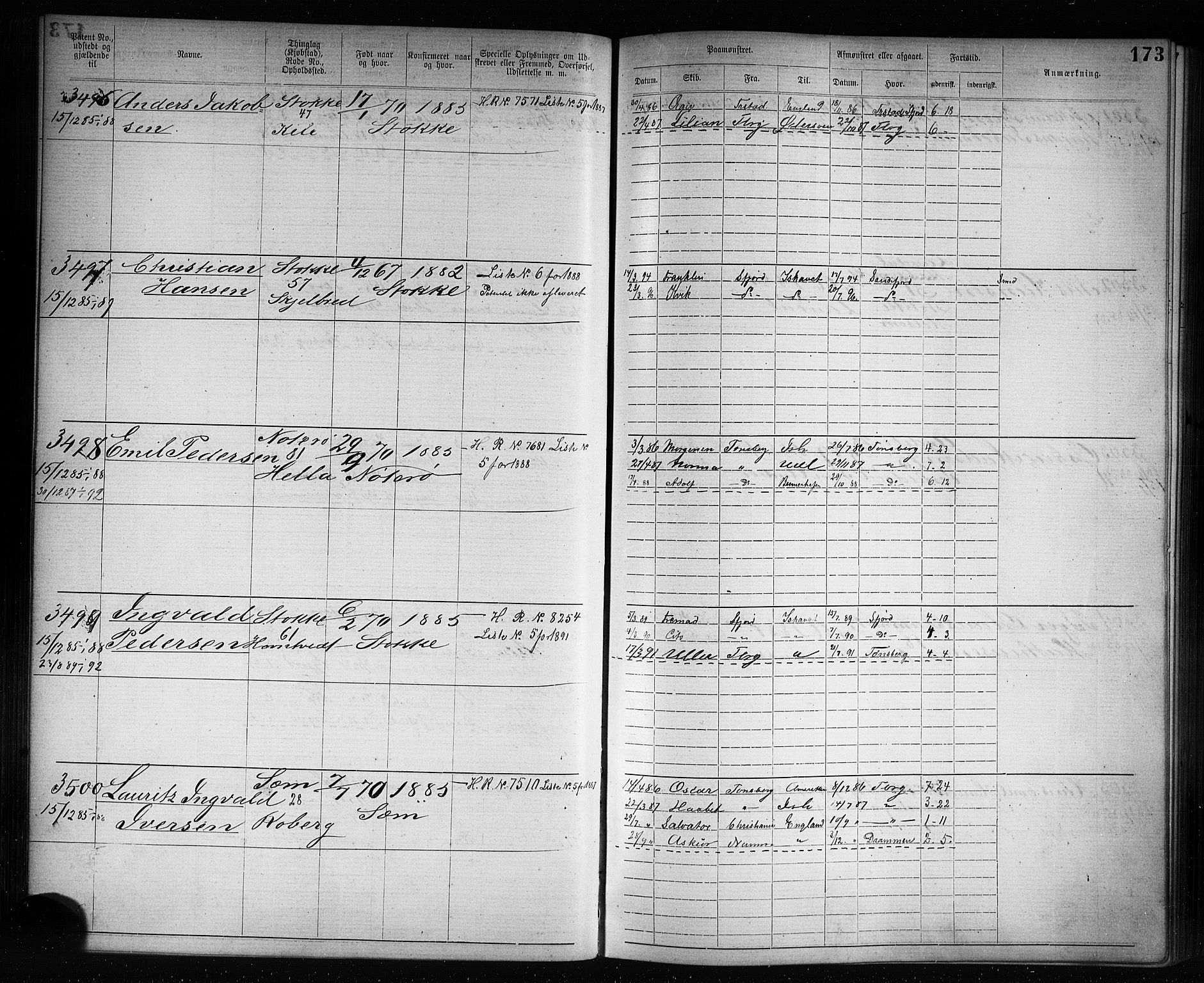 Tønsberg innrulleringskontor, SAKO/A-786/F/Fb/L0007: Annotasjonsrulle Patent nr. 2636-5150, 1881-1892, p. 174