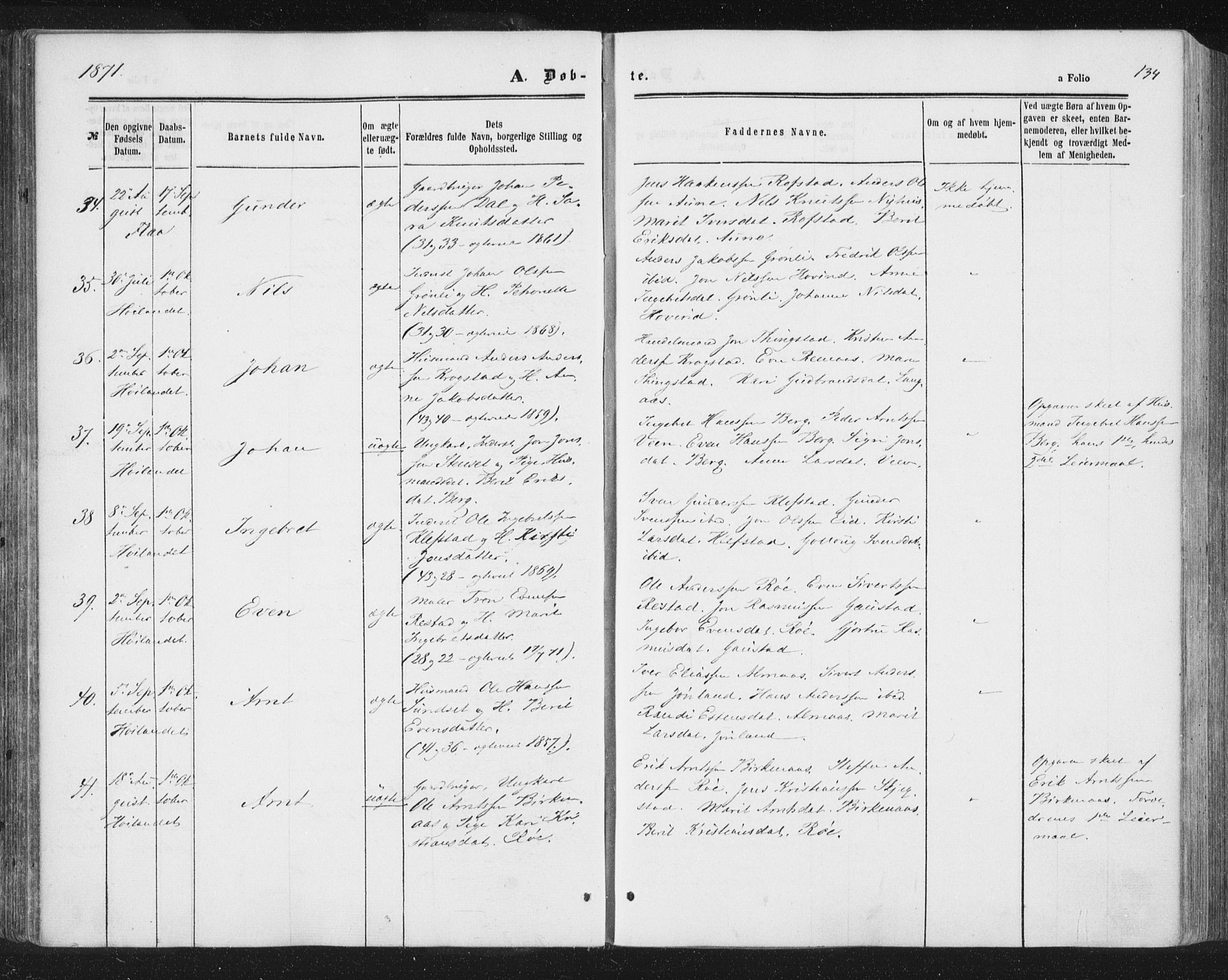 Ministerialprotokoller, klokkerbøker og fødselsregistre - Sør-Trøndelag, SAT/A-1456/691/L1077: Parish register (official) no. 691A09, 1862-1873, p. 134