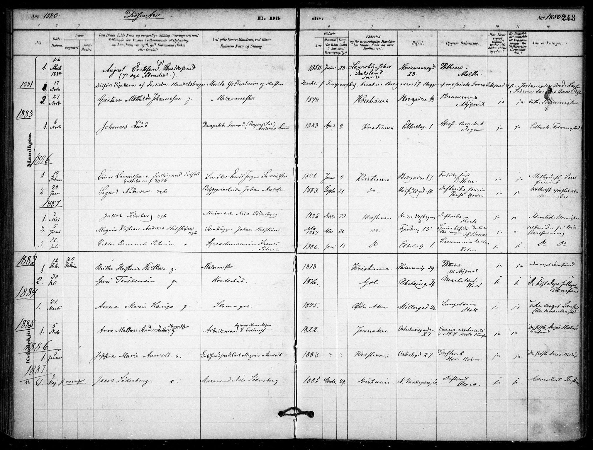 Jakob prestekontor Kirkebøker, SAO/A-10850/F/Fa/L0007: Parish register (official) no. 7, 1880-1905, p. 243