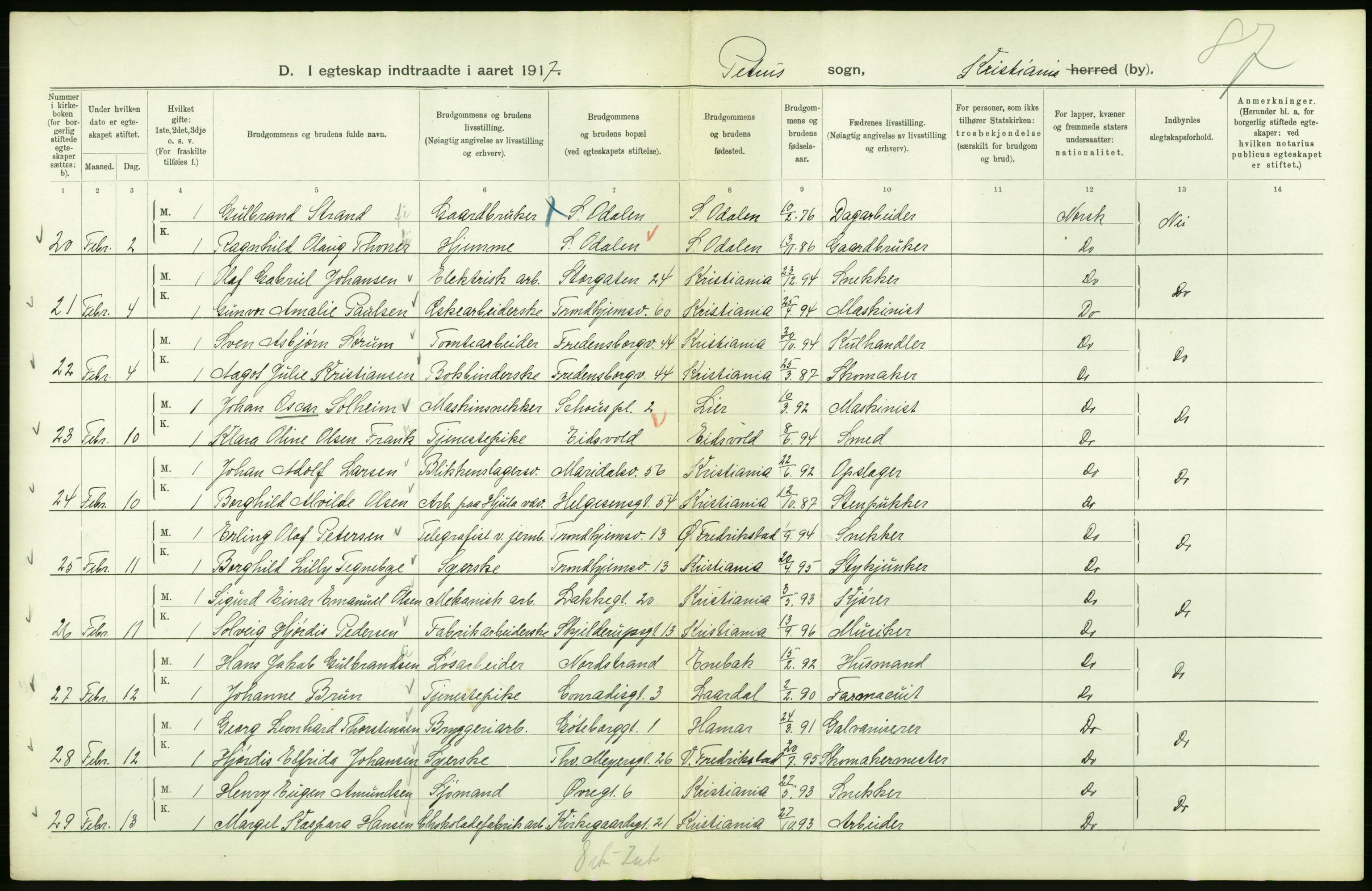 Statistisk sentralbyrå, Sosiodemografiske emner, Befolkning, AV/RA-S-2228/D/Df/Dfb/Dfbg/L0008: Kristiania: Gifte, 1917, p. 150