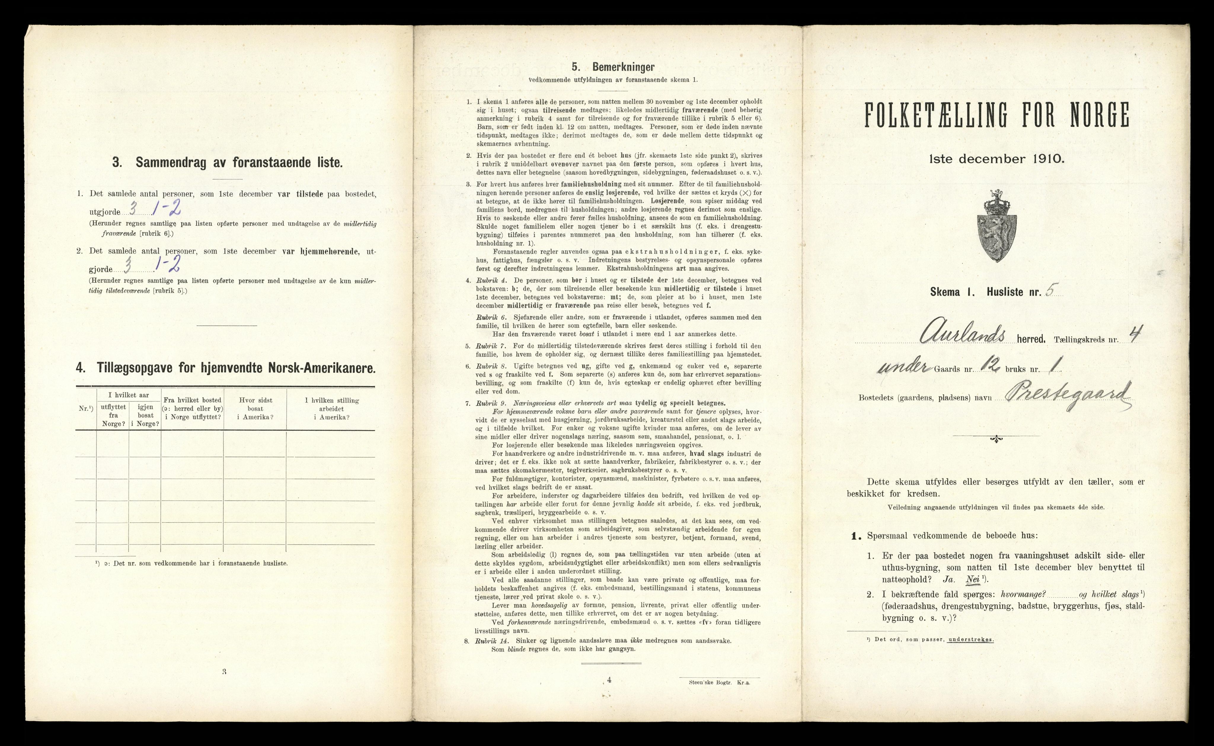 RA, 1910 census for Aurland, 1910, p. 269