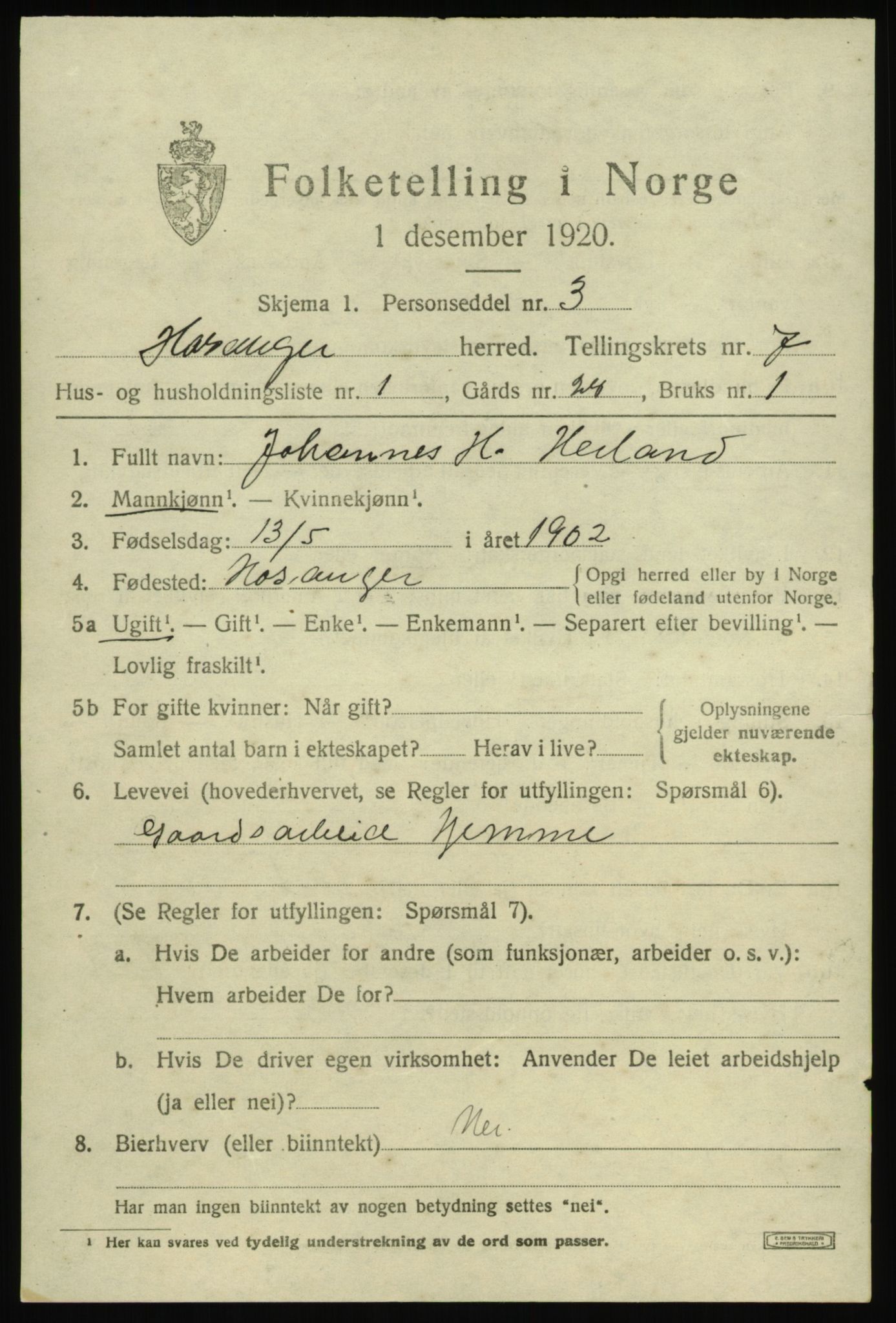 SAB, 1920 census for Hosanger, 1920, p. 3069