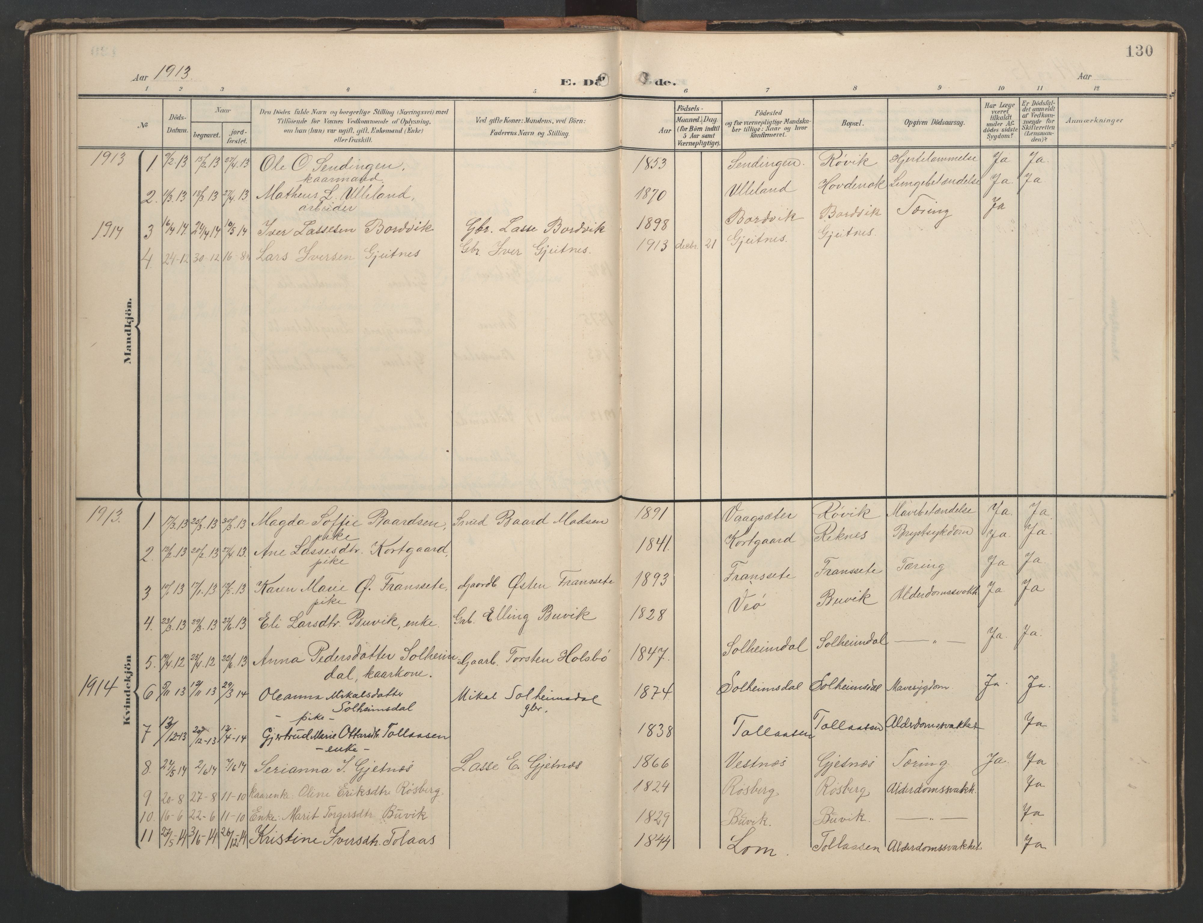 Ministerialprotokoller, klokkerbøker og fødselsregistre - Møre og Romsdal, AV/SAT-A-1454/556/L0677: Parish register (copy) no. 556C01, 1907-1953, p. 130